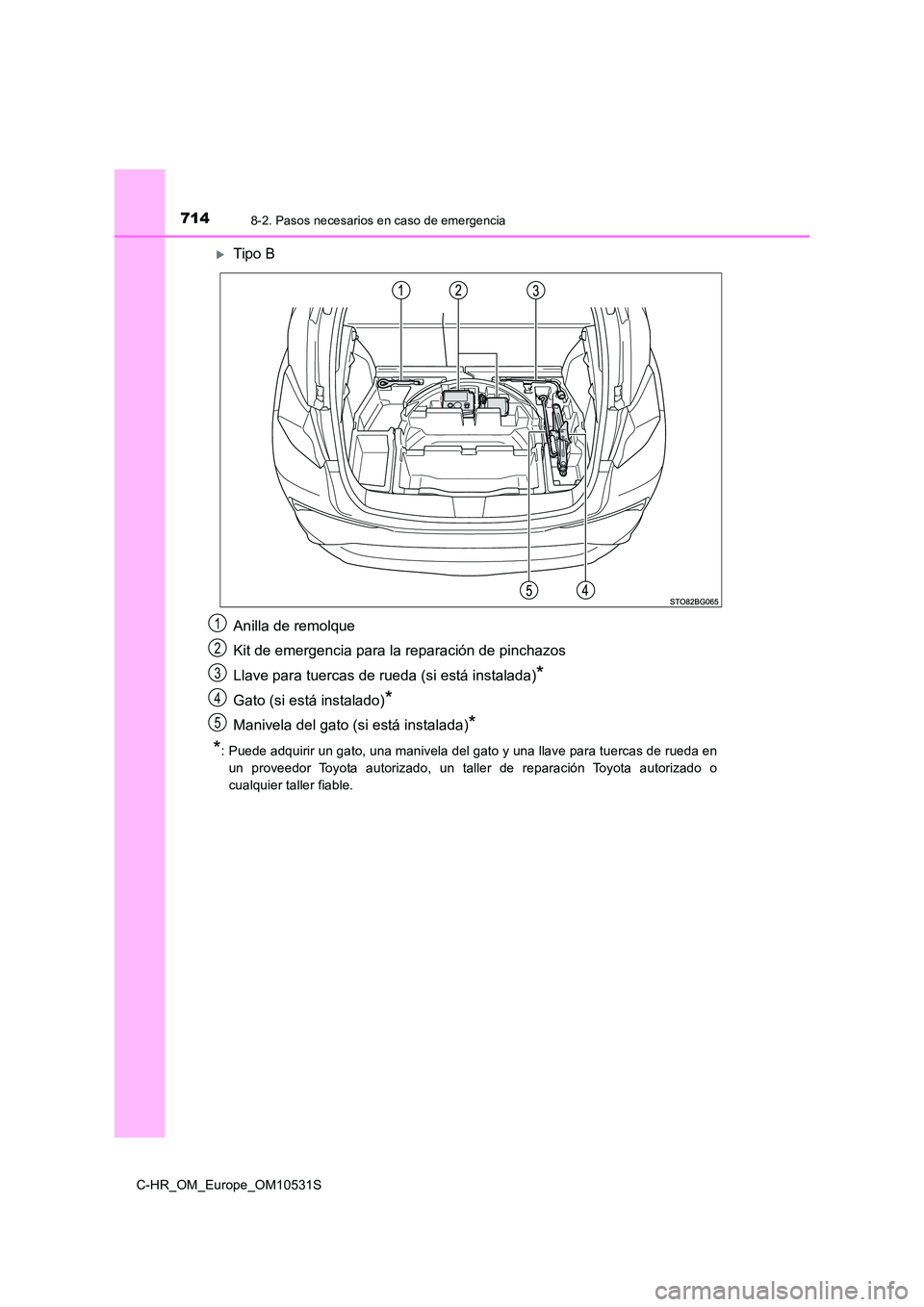 TOYOTA C-HR 2017  Manual del propietario (in Spanish) 7148-2. Pasos necesarios en caso de emergencia
C-HR_OM_Europe_OM10531S
Tipo B 
Anilla de remolque 
Kit de emergencia para la reparación de pinchazos
Llave para tuercas de rueda (si está instalada