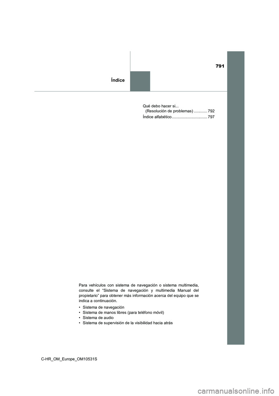 TOYOTA C-HR 2017  Manual del propietario (in Spanish) 791
Índice
C-HR_OM_Europe_OM10531S 
Qué debo hacer si...  
(Resolución de problemas) ............ 792 
Índice alfabético ................................ 797
Para vehículos con sistema de navega