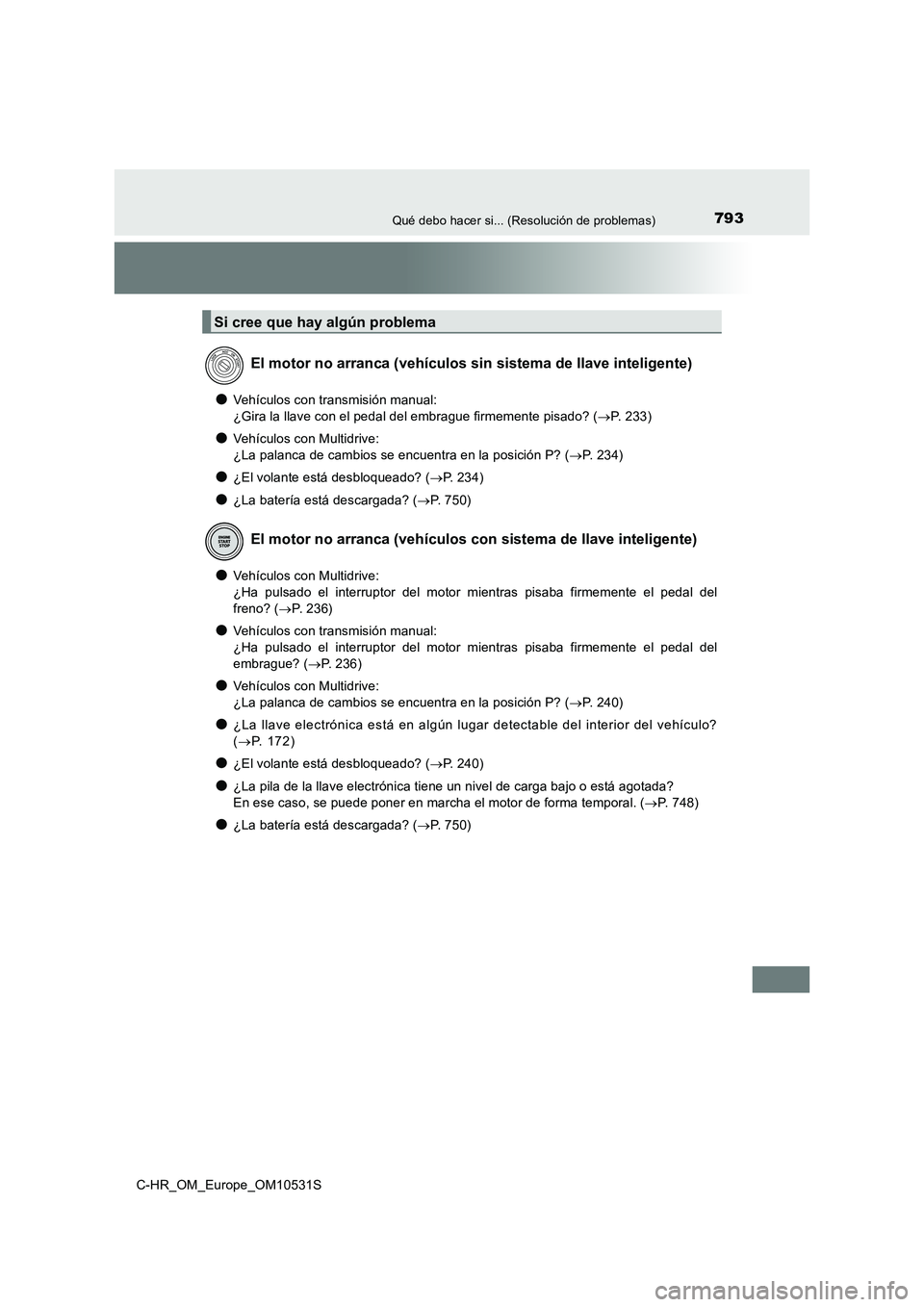 TOYOTA C-HR 2017 Manual del propietario (in Spanish) 793Qué debo hacer si... (Resolución de problemas)
C-HR_OM_Europe_OM10531S
●Vehículos con transmisión manual:
¿Gira la llave con el pedal del embrague firmemente pisado? ( P. 233)
●Vehícu TOYOTA C-HR 2017 Manual del propietario (in Spanish) 793Qué debo hacer si... (Resolución de problemas)
C-HR_OM_Europe_OM10531S
●Vehículos con transmisión manual:
¿Gira la llave con el pedal del embrague firmemente pisado? ( P. 233)
●Vehícu
