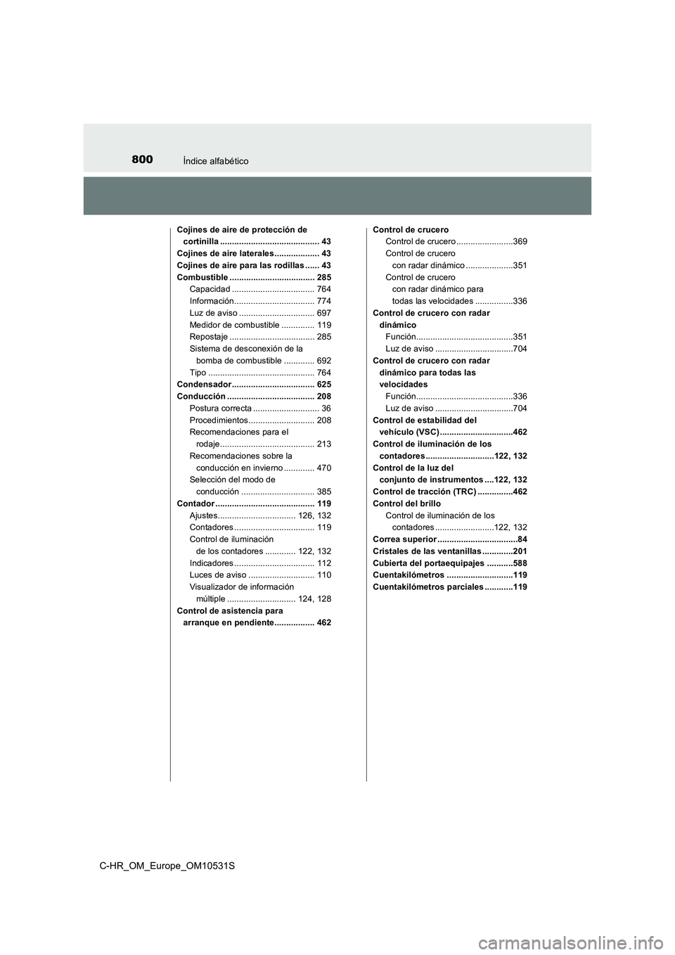 TOYOTA C-HR 2017 Manual del propietario (in Spanish) 800Índice alfabético
C-HR_OM_Europe_OM10531S
Cojines de aire de protección de
cortinilla .......................................... 43
Cojines de aire laterales................... 43
Cojines de TOYOTA C-HR 2017 Manual del propietario (in Spanish) 800Índice alfabético
C-HR_OM_Europe_OM10531S
Cojines de aire de protección de
cortinilla .......................................... 43
Cojines de aire laterales................... 43
Cojines de