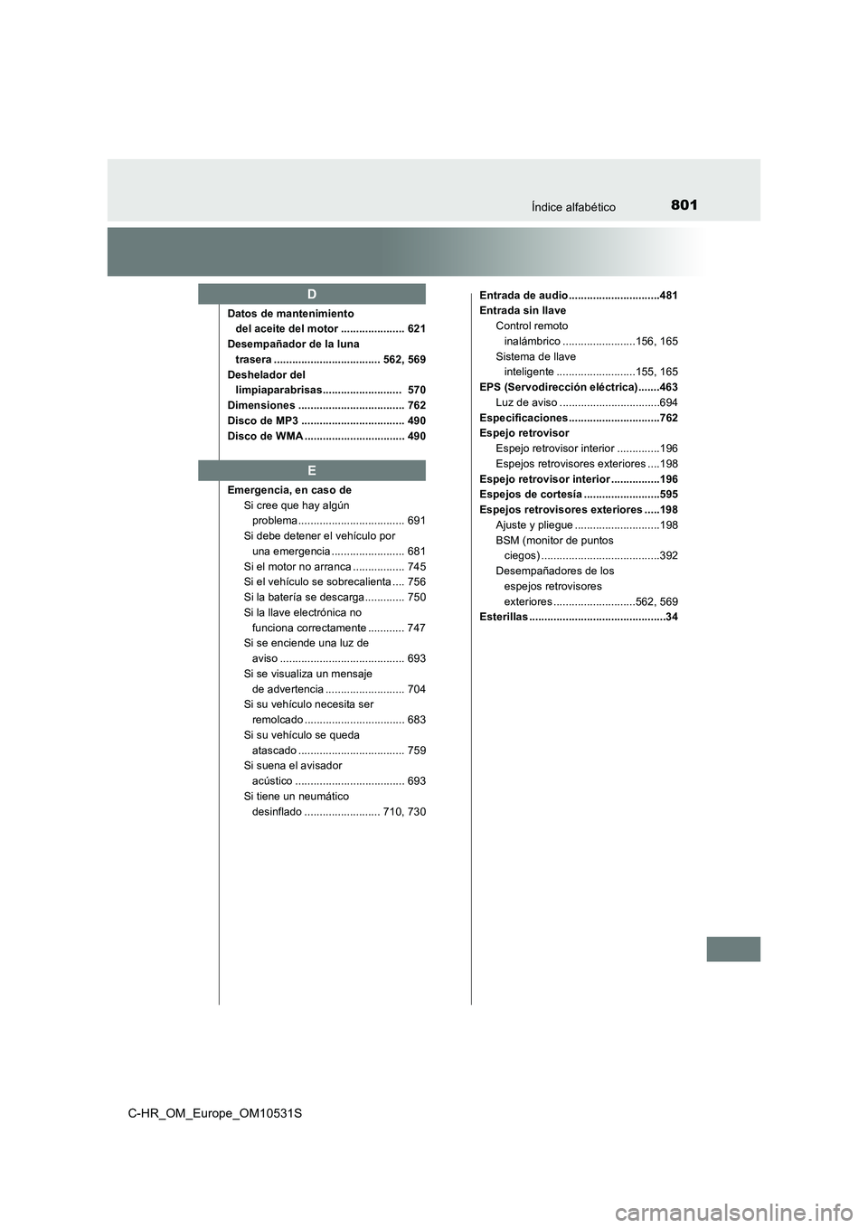 TOYOTA C-HR 2017  Manual del propietario (in Spanish) 801Índice alfabético
C-HR_OM_Europe_OM10531S
Datos de mantenimiento  
del aceite del motor ..................... 621 
Desempañador de la luna  
trasera ................................... 562, 569 