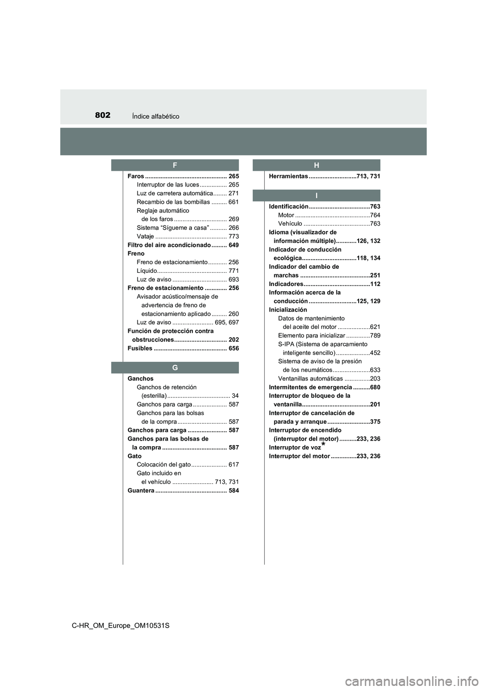 TOYOTA C-HR 2017  Manual del propietario (in Spanish) 802Índice alfabético
C-HR_OM_Europe_OM10531S
Faros ................................................ 265 
Interruptor de las luces ................ 265 
Luz de carretera automática........ 271 
Reca