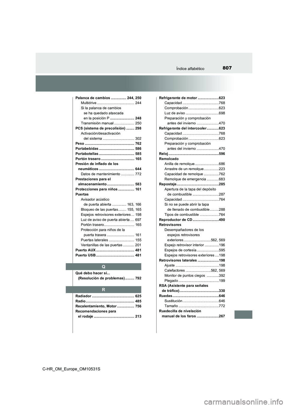 TOYOTA C-HR 2017  Manual del propietario (in Spanish) 807Índice alfabético
C-HR_OM_Europe_OM10531S
Palanca de cambios ............... 244, 250 
Multidrive ..................................... 244 
Si la palanca de cambios  
se ha quedado atascada  
en
