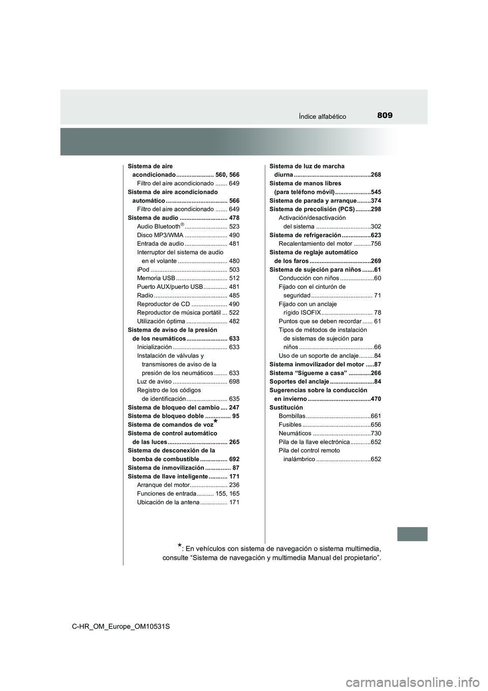 TOYOTA C-HR 2017 Manual del propietario (in Spanish) 809Índice alfabético
C-HR_OM_Europe_OM10531S
Sistema de aire
acondicionado ...................... 560, 566
Filtro del aire acondicionado ....... 649
Sistema de aire acondicionado
automático . TOYOTA C-HR 2017 Manual del propietario (in Spanish) 809Índice alfabético
C-HR_OM_Europe_OM10531S
Sistema de aire
acondicionado ...................... 560, 566
Filtro del aire acondicionado ....... 649
Sistema de aire acondicionado
automático .