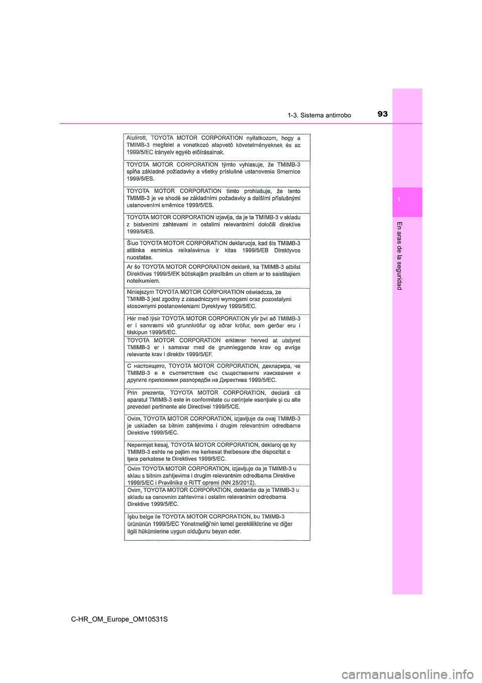 TOYOTA C-HR 2017  Manual del propietario (in Spanish) 931-3. Sistema antirrobo
1
En aras de la seguridad
C-HR_OM_Europe_OM10531S 