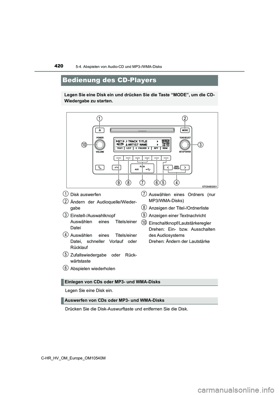 TOYOTA C_HR HYBRID 2017  Betriebsanleitungen (in German) 4205-4. Abspielen von Audio-CD und MP3-/WMA-Disks
C-HR_HV_OM_Europe_OM10540M
Bedienung des CD-Players
Legen Sie eine Disk ein. 
Drücken Sie die Disk-Auswurftaste und entfernen Sie die Disk.
Legen Sie