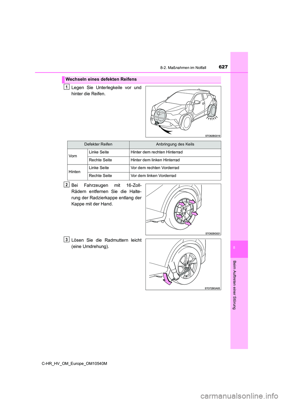 TOYOTA C_HR HYBRID 2017  Betriebsanleitungen (in German) 6278-2. Maßnahmen im Notfall
C-HR_HV_OM_Europe_OM10540M
8
Beim Auftreten einer Störung
Legen Sie Unterlegkeile vor und 
hinter die Reifen. 
Bei Fahrzeugen mit 16-Zoll- 
Rädern entfernen Sie die Hal