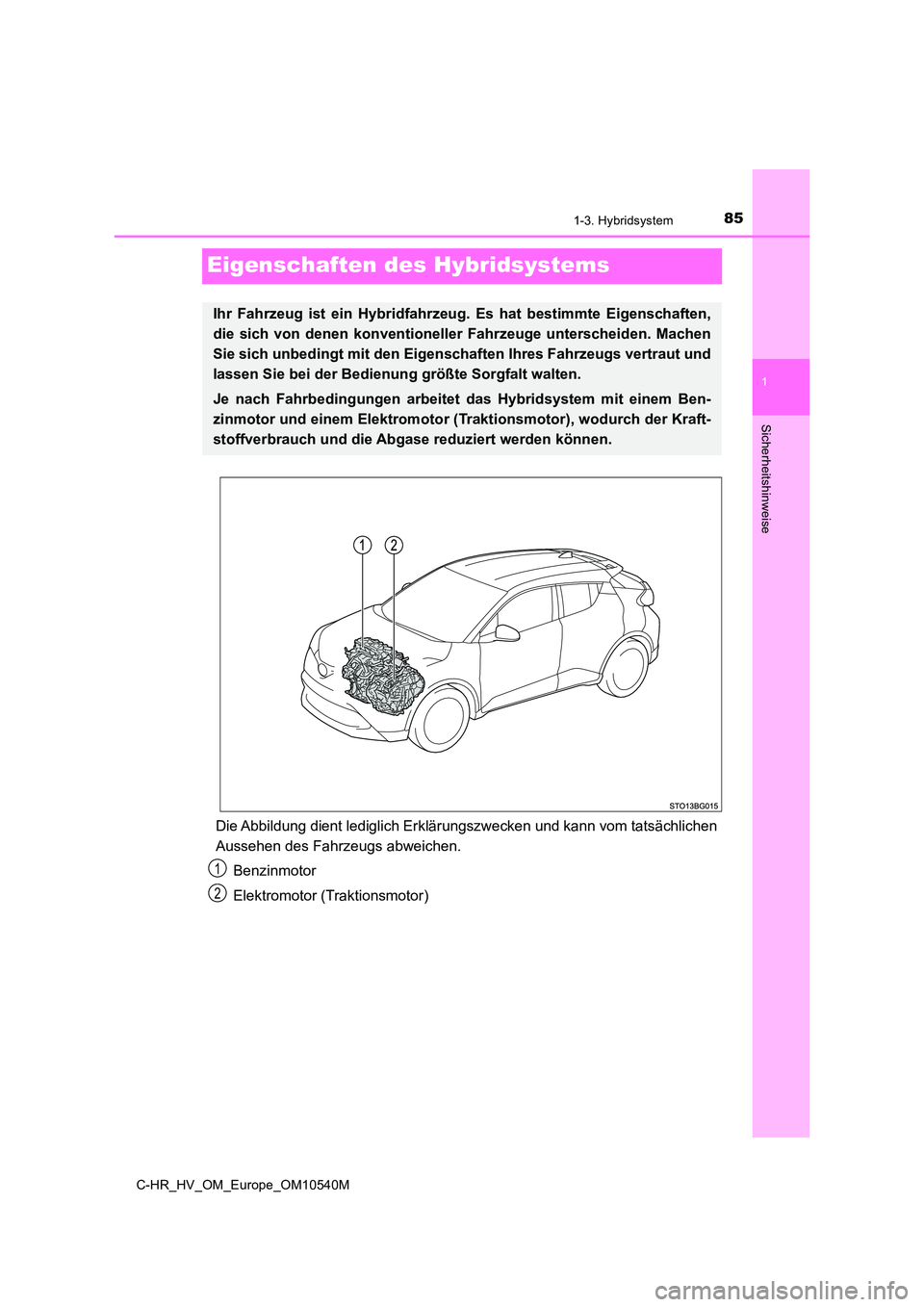 TOYOTA C_HR HYBRID 2017  Betriebsanleitungen (in German) 85
1
1-3. Hybridsystem
Sicherheitshinweise
C-HR_HV_OM_Europe_OM10540M
Eigenschaften des Hybridsystems
Die Abbildung dient lediglich Erklärungszwecken und kann vom tatsächlichen 
Aussehen des Fahrzeu