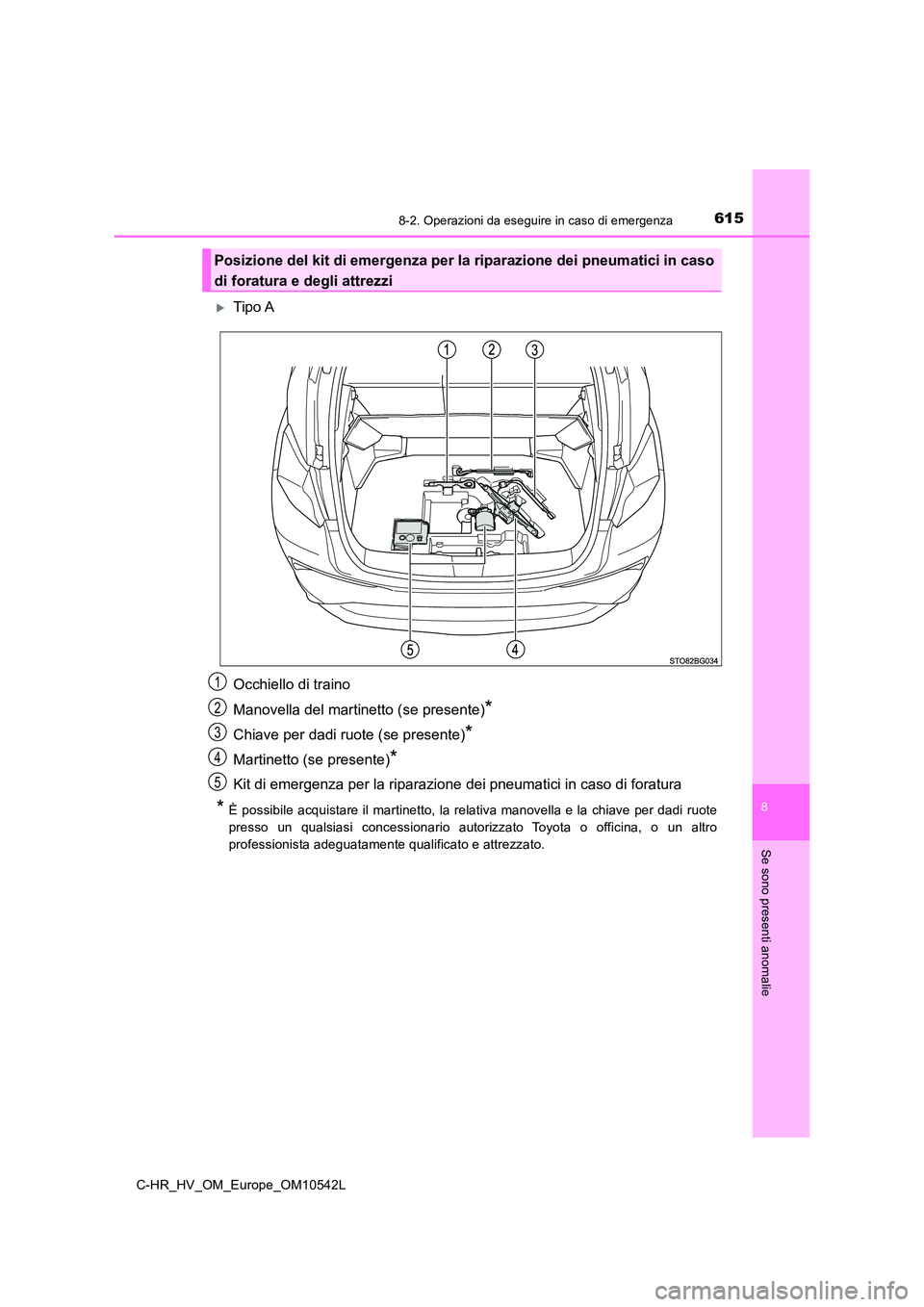 TOYOTA C_HR HYBRID 2017  Manuale duso (in Italian) 6158-2. Operazioni da eseguire in caso di emergenza
C-HR_HV_OM_Europe_OM10542L
8
Se sono presenti anomalie
Tipo A 
Occhiello di traino 
Manovella del martinetto (se presente)*
Chiave per dadi ruote