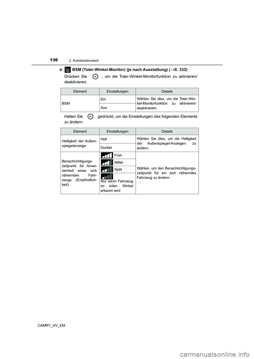TOYOTA CAMRY 2023  Betriebsanleitungen (in German) 1362. Kombiinstrument
CAMRY_HV_EM 
■ BSM (Toter-Winkel-Monitor)  (je nach Ausstattung) (S. 332) 
Drücken Sie  , um die Toter-Winkel-Monitorfunktion zu aktivieren/ 
deaktivieren. 
Halten Sie   ge