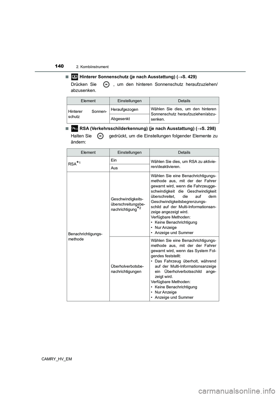 TOYOTA CAMRY 2023 Betriebsanleitungen (in German) 1402. Kombiinstrument
CAMRY_HV_EM
■ Hinterer Sonnenschutz (je nach Ausstattung) (S. 429)
Drücken Sie , um den hinteren Sonnenschutz heraufzuziehen/
abzusenken.
■ RSA (Verkehrsschilderkenn TOYOTA CAMRY 2023 Betriebsanleitungen (in German) 1402. Kombiinstrument
CAMRY_HV_EM
■ Hinterer Sonnenschutz (je nach Ausstattung) (S. 429)
Drücken Sie , um den hinteren Sonnenschutz heraufzuziehen/
abzusenken.
■ RSA (Verkehrsschilderkenn