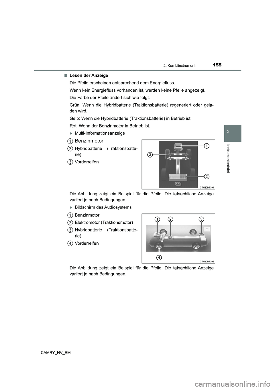 TOYOTA CAMRY 2023  Betriebsanleitungen (in German) 1552. Kombiinstrument
2
Instrumententafel
CAMRY_HV_EM 
■Lesen der Anzeige 
Die Pfeile erscheinen entsprechend dem Energiefluss.
Wenn kein Energiefluss vorhanden ist, werden keine Pfeile angezeigt. 
