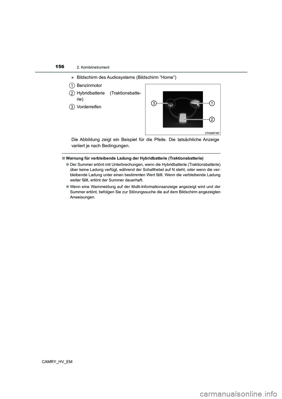 TOYOTA CAMRY 2023  Betriebsanleitungen (in German) 1562. Kombiinstrument
CAMRY_HV_EM
Bildschirm des Audiosystems (Bildschirm “Home”) 
Benzinmotor 
Hybridbatterie (Traktionsbatte- 
rie) 
Vorderreifen 
Die Abbildung zeigt ein Beispiel für die Pf