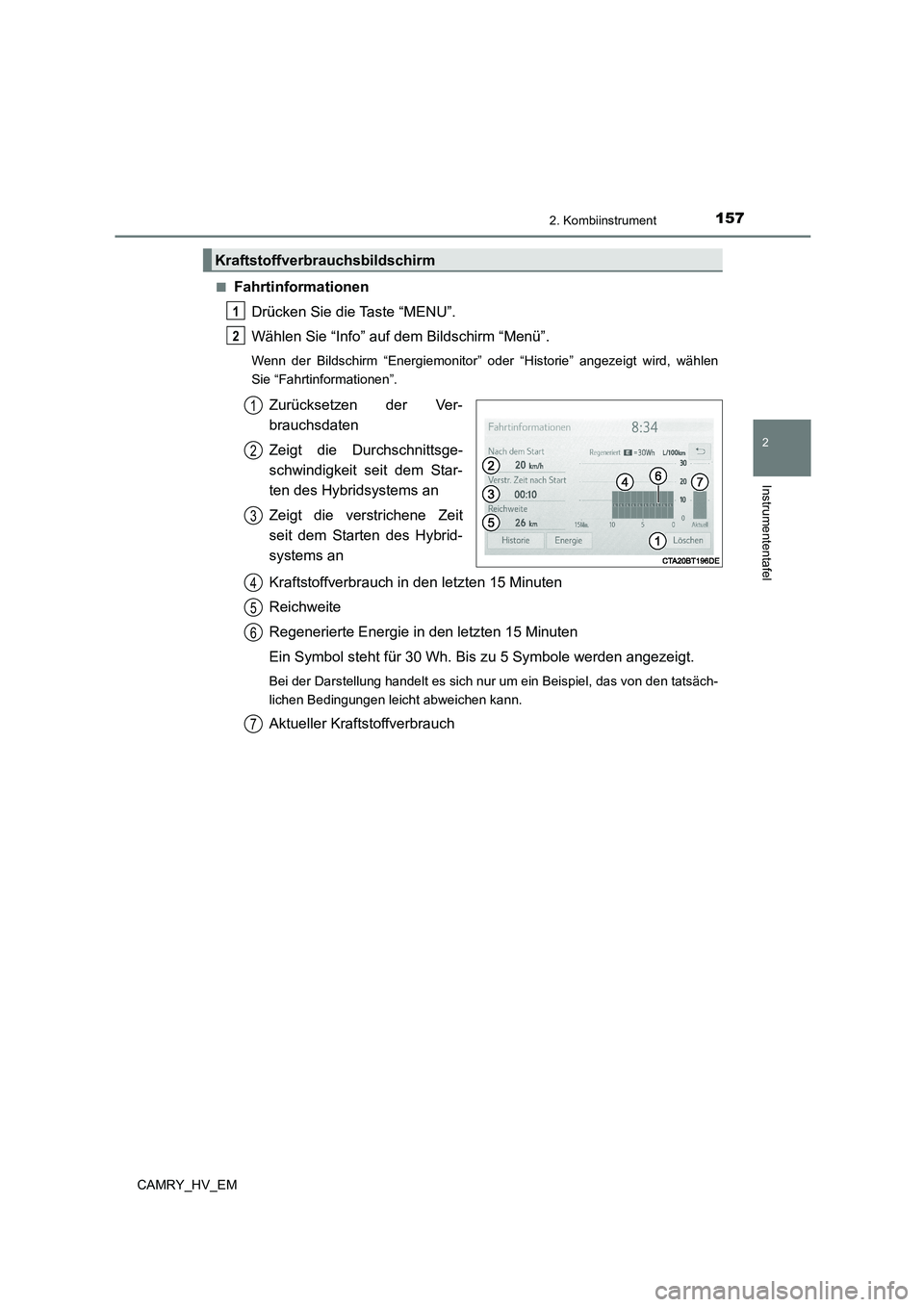 TOYOTA CAMRY 2023  Betriebsanleitungen (in German) 1572. Kombiinstrument
2
Instrumententafel
CAMRY_HV_EM 
■Fahrtinformationen 
Drücken Sie die Taste “MENU”. 
Wählen Sie “Info” auf dem Bildschirm “Menü”.
Wenn der Bildschirm “Energiem