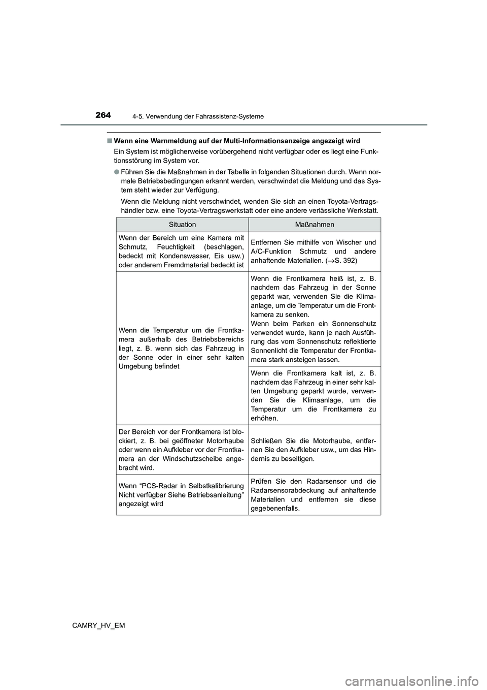 TOYOTA CAMRY 2023 Betriebsanleitungen (in German) 2644-5. Verwendung der Fahrassistenz-Systeme
CAMRY_HV_EM
■Wenn eine Warnmeldung auf der Multi-Informationsanzeige angezeigt wird
Ein System ist möglicherweise vorübergehend nicht verfügbar oder TOYOTA CAMRY 2023 Betriebsanleitungen (in German) 2644-5. Verwendung der Fahrassistenz-Systeme
CAMRY_HV_EM
■Wenn eine Warnmeldung auf der Multi-Informationsanzeige angezeigt wird
Ein System ist möglicherweise vorübergehend nicht verfügbar oder