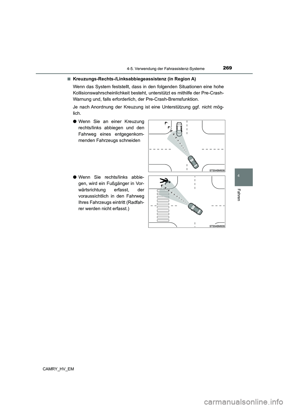 TOYOTA CAMRY 2023  Betriebsanleitungen (in German) 2694-5. Verwendung der Fahrassistenz-Systeme
4
Fahren
CAMRY_HV_EM 
■Kreuzungs-Rechts-/Linksabbiegeassistenz (in Region A) 
Wenn das System feststellt, dass in den folgenden Situationen eine hohe 
Ko