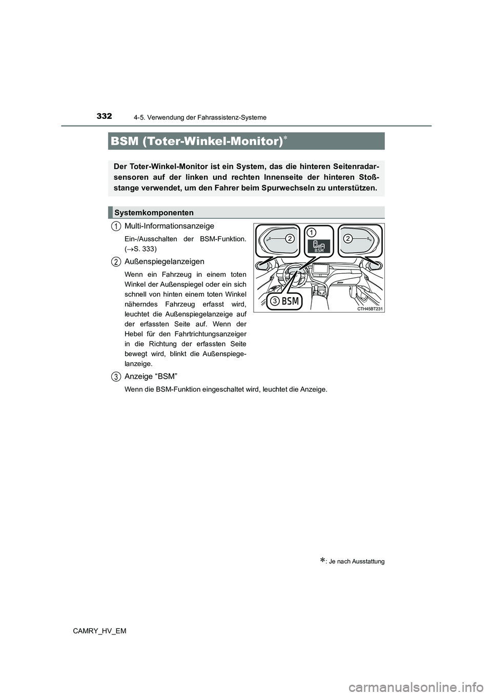 TOYOTA CAMRY 2023  Betriebsanleitungen (in German) 3324-5. Verwendung der Fahrassistenz-Systeme
CAMRY_HV_EM
Multi-Informationsanzeige
Ein-/Ausschalten der BSM-Funktion. 
( S. 333)
Außenspiegelanzeigen
Wenn ein Fahrzeug in einem toten 
Winkel der A