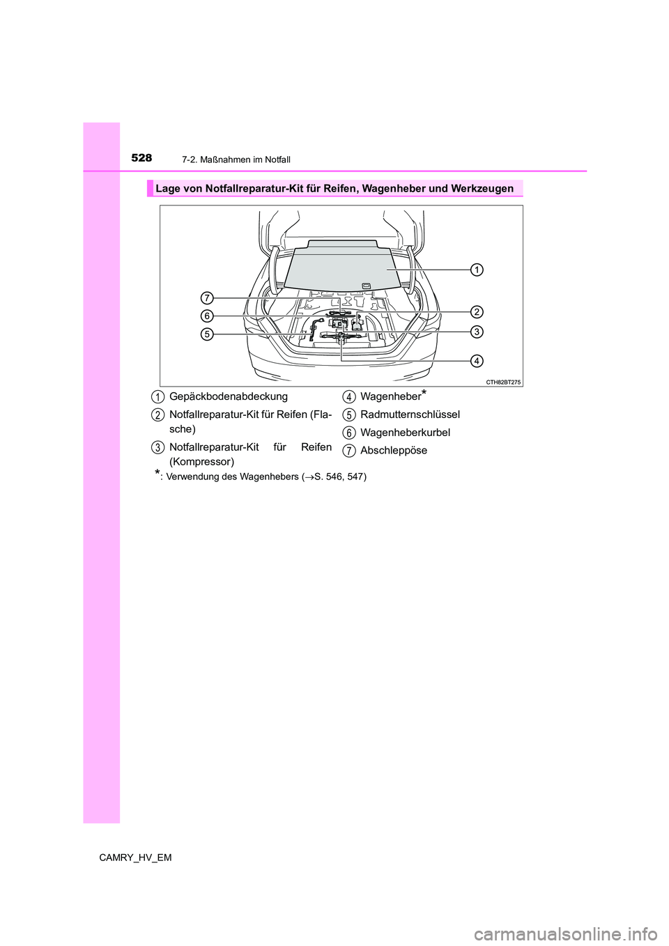 TOYOTA CAMRY 2023  Betriebsanleitungen (in German) 5287-2. Maßnahmen im Notfall
CAMRY_HV_EM
*: Verwendung des Wagenhebers (S. 546, 547)
Lage von Notfallreparatur-Kit für Reifen, Wagenheber und Werkzeugen 
Gepäckbodenabdeckung 
Notfallreparatur-K