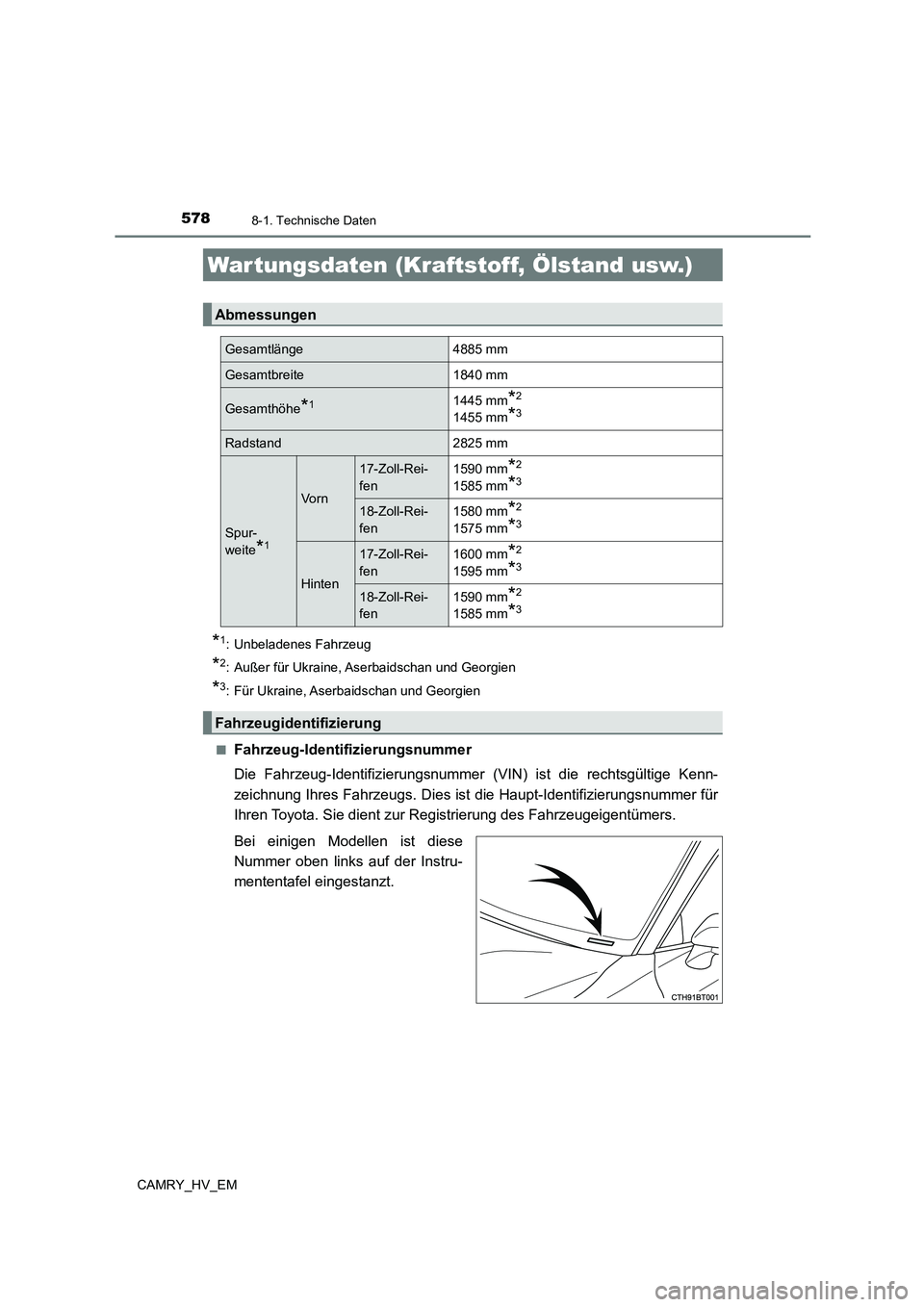 TOYOTA CAMRY 2023  Betriebsanleitungen (in German) 578
CAMRY_HV_EM
8-1. Technische Daten
*1: Unbeladenes Fahrzeug
*2: Außer für Ukraine, Aserbaidschan und Georgien
*3: Für Ukraine, Aserbaidschan und Georgien 
■Fahrzeug-Identifizierungsnummer 
Die