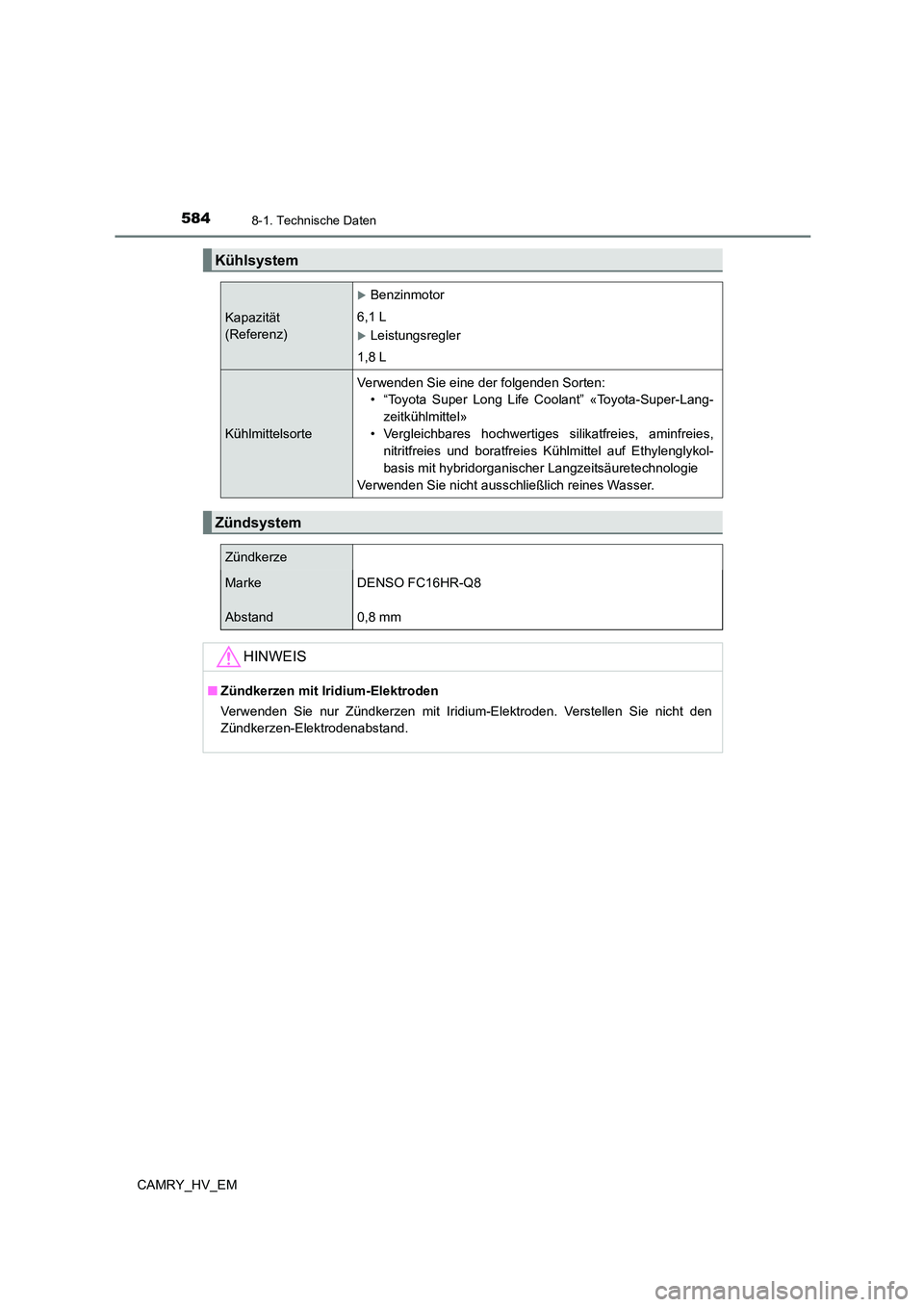 TOYOTA CAMRY 2023  Betriebsanleitungen (in German) 5848-1. Technische Daten
CAMRY_HV_EM
Kühlsystem
Kapazität  
(Referenz)
Benzinmotor 
6,1 L
Leistungsregler 
1,8 L
Kühlmittelsorte 
Verwenden Sie eine der folgenden Sorten: 
• “Toyota Super