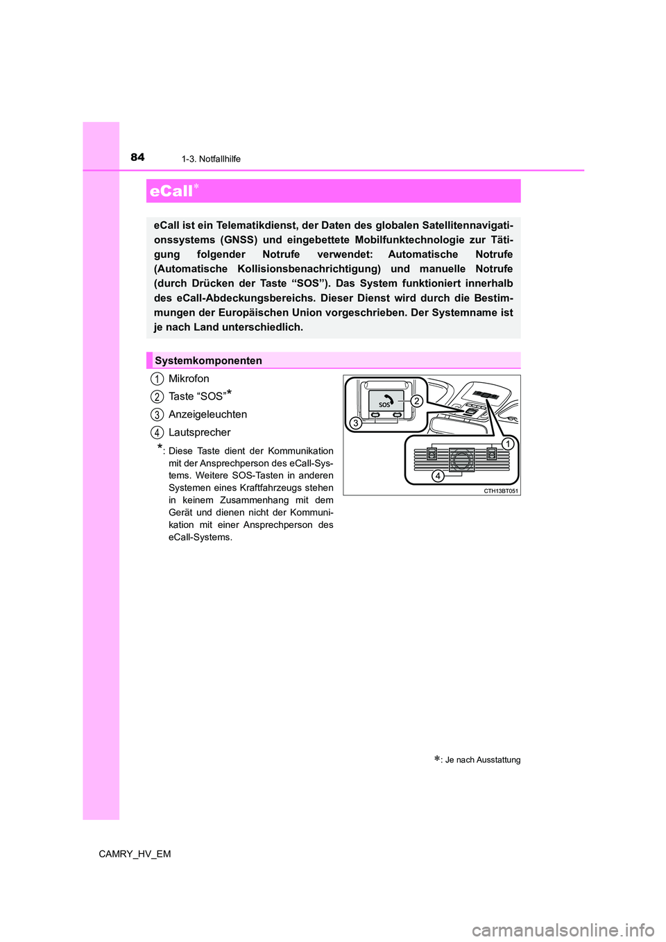 TOYOTA CAMRY 2023  Betriebsanleitungen (in German) 84
CAMRY_HV_EM
1-3. Notfallhilfe
Mikrofon 
Taste “SOS”*
Anzeigeleuchten 
Lautsprecher
*: Diese Taste dient der Kommunikation 
mit der Ansprechperson des eCall-Sys- 
tems. Weitere SOS-Tasten in and