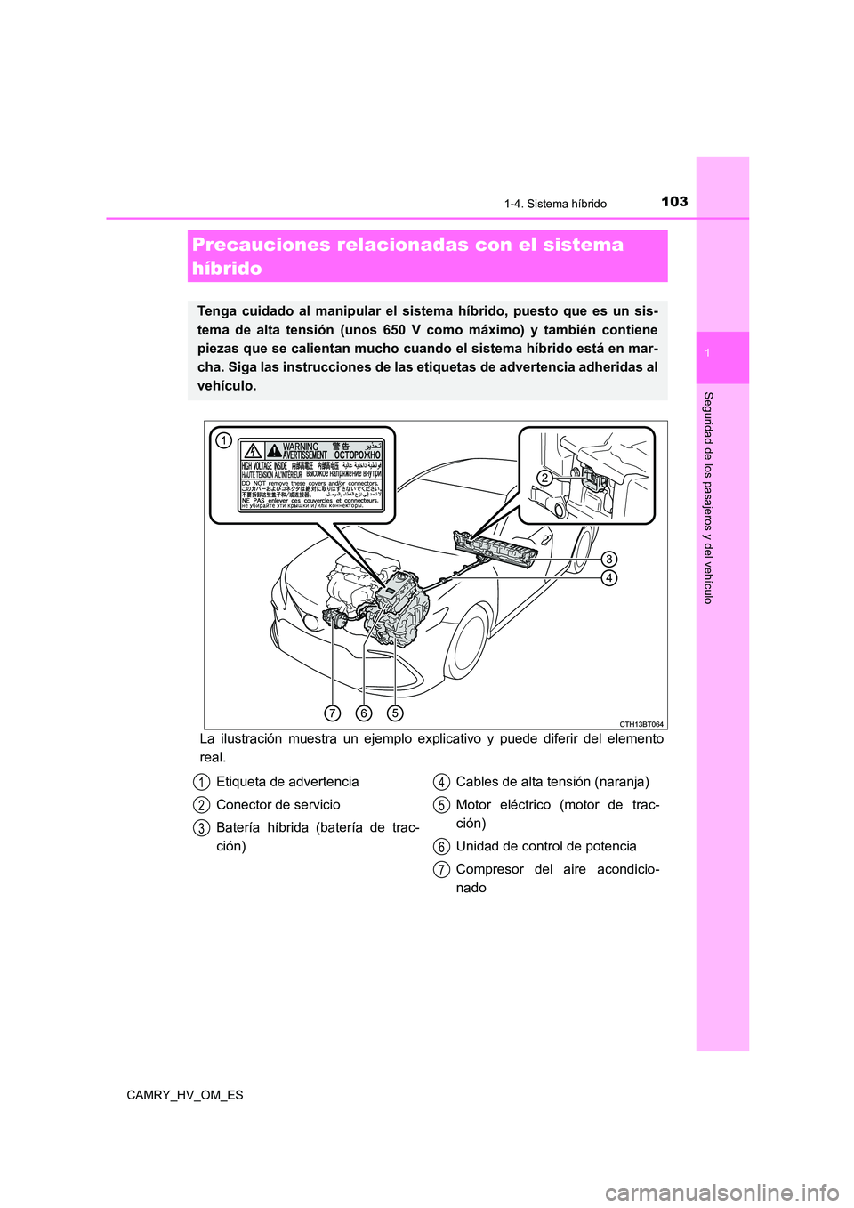 TOYOTA CAMRY 2023  Manual del propietario (in Spanish) 1031-4. Sistema híbrido
1
Seguridad de los pasajeros y del vehículo
CAMRY_HV_OM_ES
La ilustración muestra un ejemplo explicativo y puede diferir del elemento 
real.
Precauciones relacionadas con el