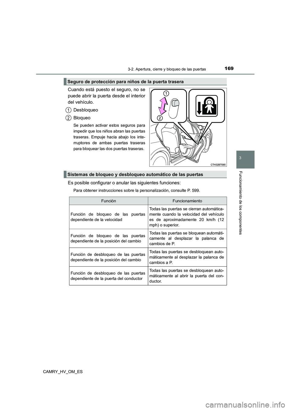 TOYOTA CAMRY 2023 Manual del propietario (in Spanish) 1693-2. Apertura, cierre y bloqueo de las puertas
3
Funcionamiento de los componentes
CAMRY_HV_OM_ES
Cuando está puesto el seguro, no se
puede abrir la puerta desde el interior
del vehículo.
Desb TOYOTA CAMRY 2023 Manual del propietario (in Spanish) 1693-2. Apertura, cierre y bloqueo de las puertas
3
Funcionamiento de los componentes
CAMRY_HV_OM_ES
Cuando está puesto el seguro, no se
puede abrir la puerta desde el interior
del vehículo.
Desb