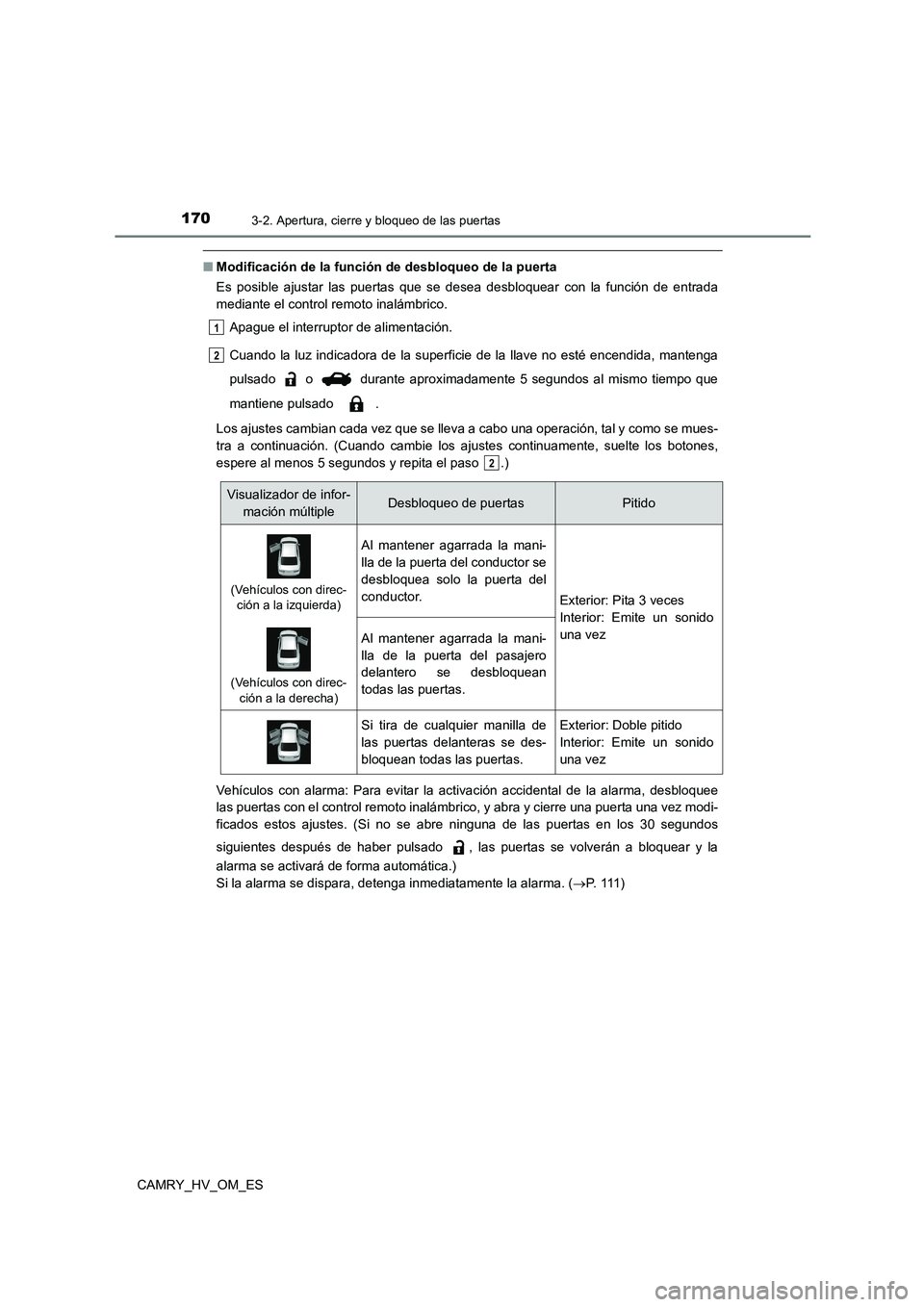 TOYOTA CAMRY 2023 Manual del propietario (in Spanish) 1703-2. Apertura, cierre y bloqueo de las puertas
CAMRY_HV_OM_ES
■Modificación de la función de desbloqueo de la puerta
Es posible ajustar las puertas que se desea desbloquear con la función de TOYOTA CAMRY 2023 Manual del propietario (in Spanish) 1703-2. Apertura, cierre y bloqueo de las puertas
CAMRY_HV_OM_ES
■Modificación de la función de desbloqueo de la puerta
Es posible ajustar las puertas que se desea desbloquear con la función de