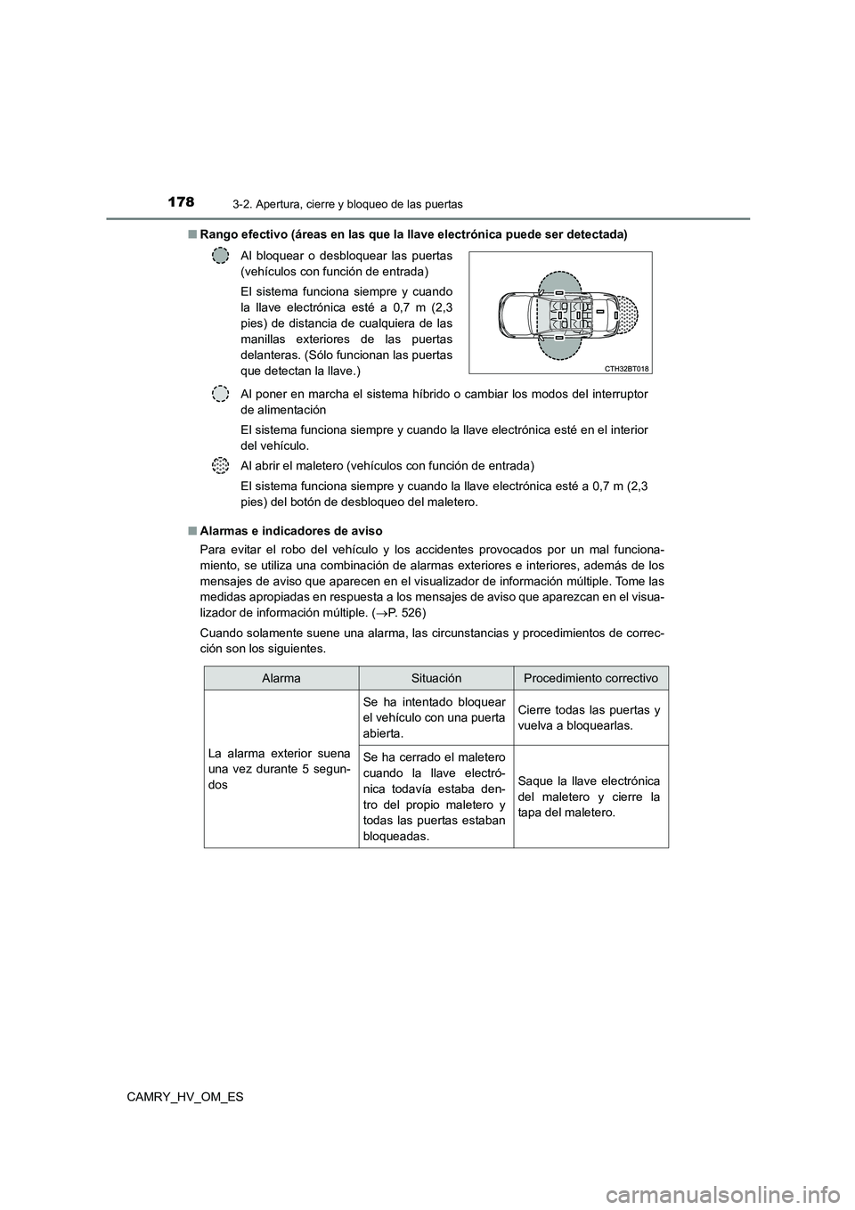 TOYOTA CAMRY 2023 Manual del propietario (in Spanish) 1783-2. Apertura, cierre y bloqueo de las puertas
CAMRY_HV_OM_ES
■ Rango efectivo (áreas en las que la llave electrónica puede ser detectada)
■ Alarmas e indicadores de aviso
Para evitar el r TOYOTA CAMRY 2023 Manual del propietario (in Spanish) 1783-2. Apertura, cierre y bloqueo de las puertas
CAMRY_HV_OM_ES
■ Rango efectivo (áreas en las que la llave electrónica puede ser detectada)
■ Alarmas e indicadores de aviso
Para evitar el r