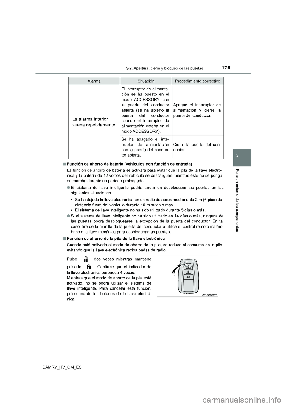 TOYOTA CAMRY 2023 Manual del propietario (in Spanish) 1793-2. Apertura, cierre y bloqueo de las puertas
3
Funcionamiento de los componentes
CAMRY_HV_OM_ES
■ Función de ahorro de batería (vehículos con función de entrada)
La función de ahorro de TOYOTA CAMRY 2023 Manual del propietario (in Spanish) 1793-2. Apertura, cierre y bloqueo de las puertas
3
Funcionamiento de los componentes
CAMRY_HV_OM_ES
■ Función de ahorro de batería (vehículos con función de entrada)
La función de ahorro de