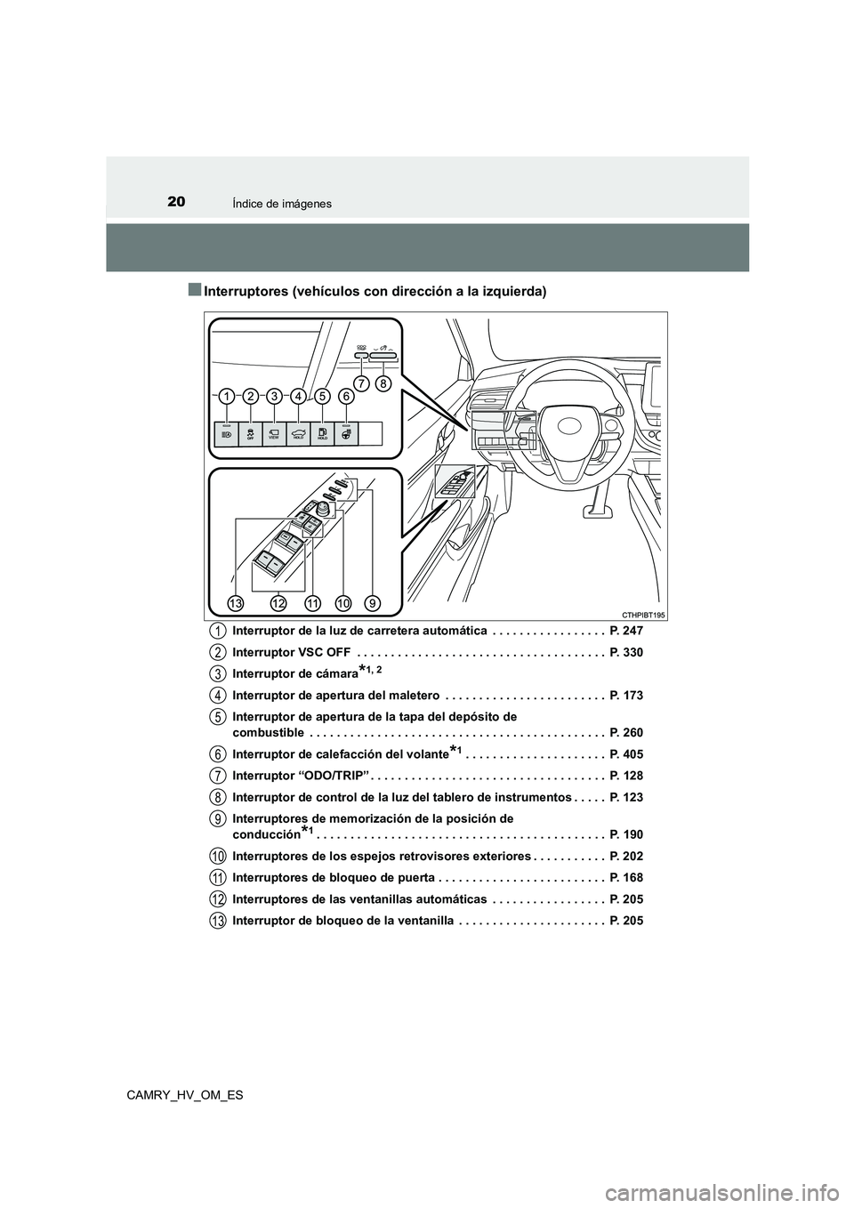 TOYOTA CAMRY 2023 Manual del propietario (in Spanish) 20Índice de imágenes
CAMRY_HV_OM_ES
■Interruptores (vehículos con dirección a la izquierda)
Interruptor de la luz de carretera automática . . . . . . . . . . . . . . . . . P. 247
Interruptor TOYOTA CAMRY 2023 Manual del propietario (in Spanish) 20Índice de imágenes
CAMRY_HV_OM_ES
■Interruptores (vehículos con dirección a la izquierda)
Interruptor de la luz de carretera automática . . . . . . . . . . . . . . . . . P. 247
Interruptor