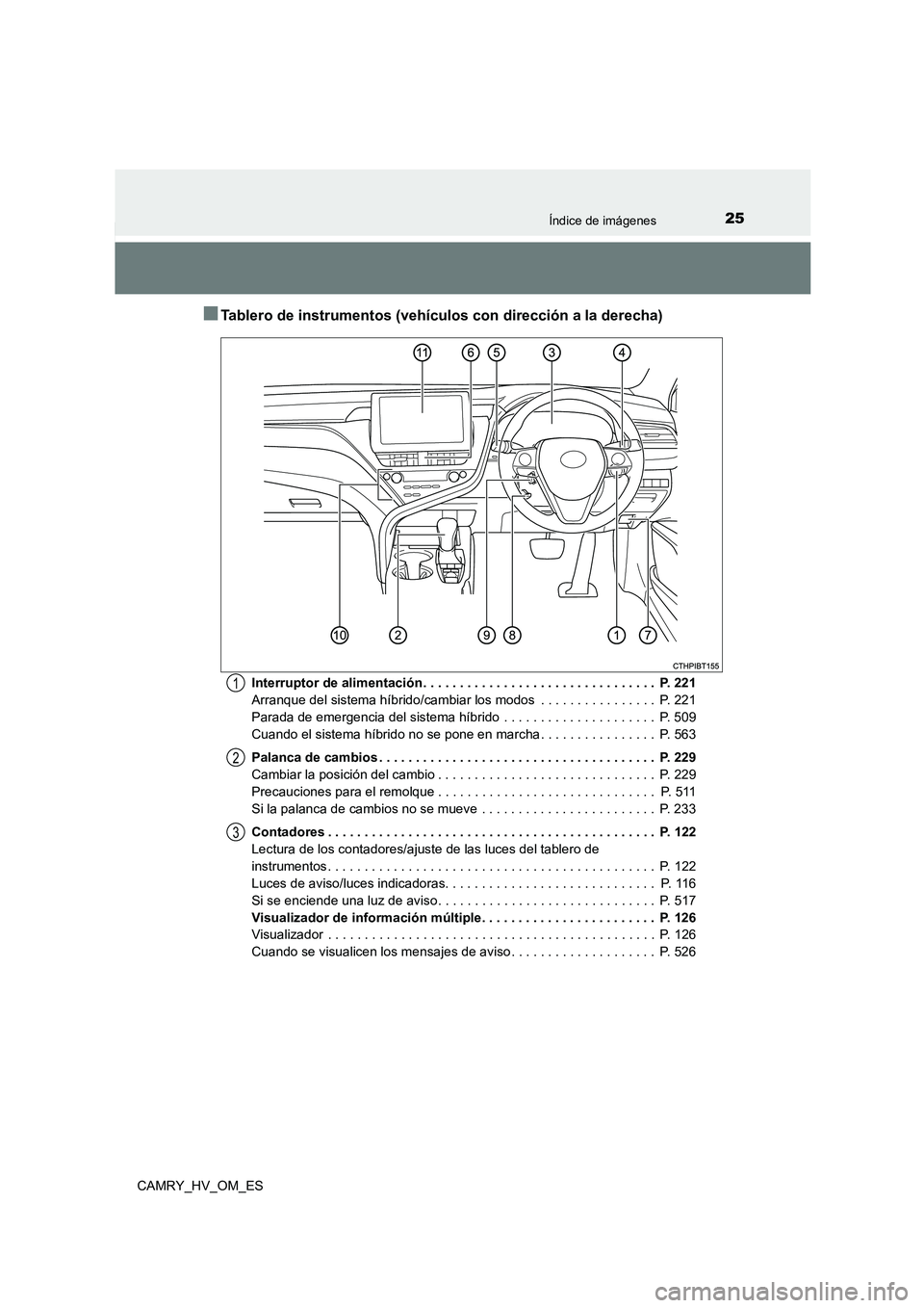 TOYOTA CAMRY 2023 Manual del propietario (in Spanish) 25Índice de imágenes
CAMRY_HV_OM_ES
■Tablero de instrumentos (vehículos con dirección a la derecha)
Interruptor de alimentación . . . . . . . . . . . . . . . . . . . . . . . . . . . . . . . . TOYOTA CAMRY 2023 Manual del propietario (in Spanish) 25Índice de imágenes
CAMRY_HV_OM_ES
■Tablero de instrumentos (vehículos con dirección a la derecha)
Interruptor de alimentación . . . . . . . . . . . . . . . . . . . . . . . . . . . . . . . .