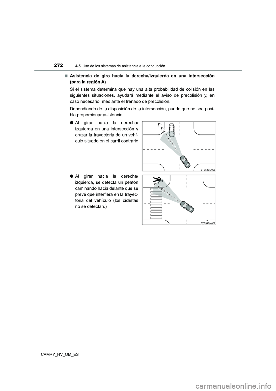 TOYOTA CAMRY 2023  Manual del propietario (in Spanish) 2724-5. Uso de los sistemas de asistencia a la conducción
CAMRY_HV_OM_ES 
■Asistencia de giro hacia la der echa/izquierda en una intersección 
(para la región A) 
Si el sistema determina que hay 