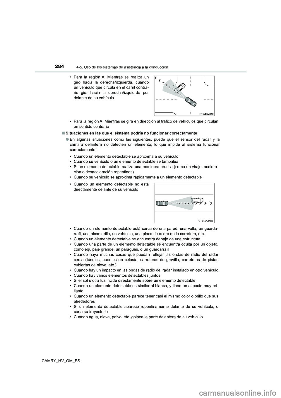TOYOTA CAMRY 2023  Manual del propietario (in Spanish) 2844-5. Uso de los sistemas de asistencia a la conducción
CAMRY_HV_OM_ES 
• Para la región A: Mientras se gira en dirección al tráfico de vehículos que circulan 
en sentido contrario 
■ Situa
