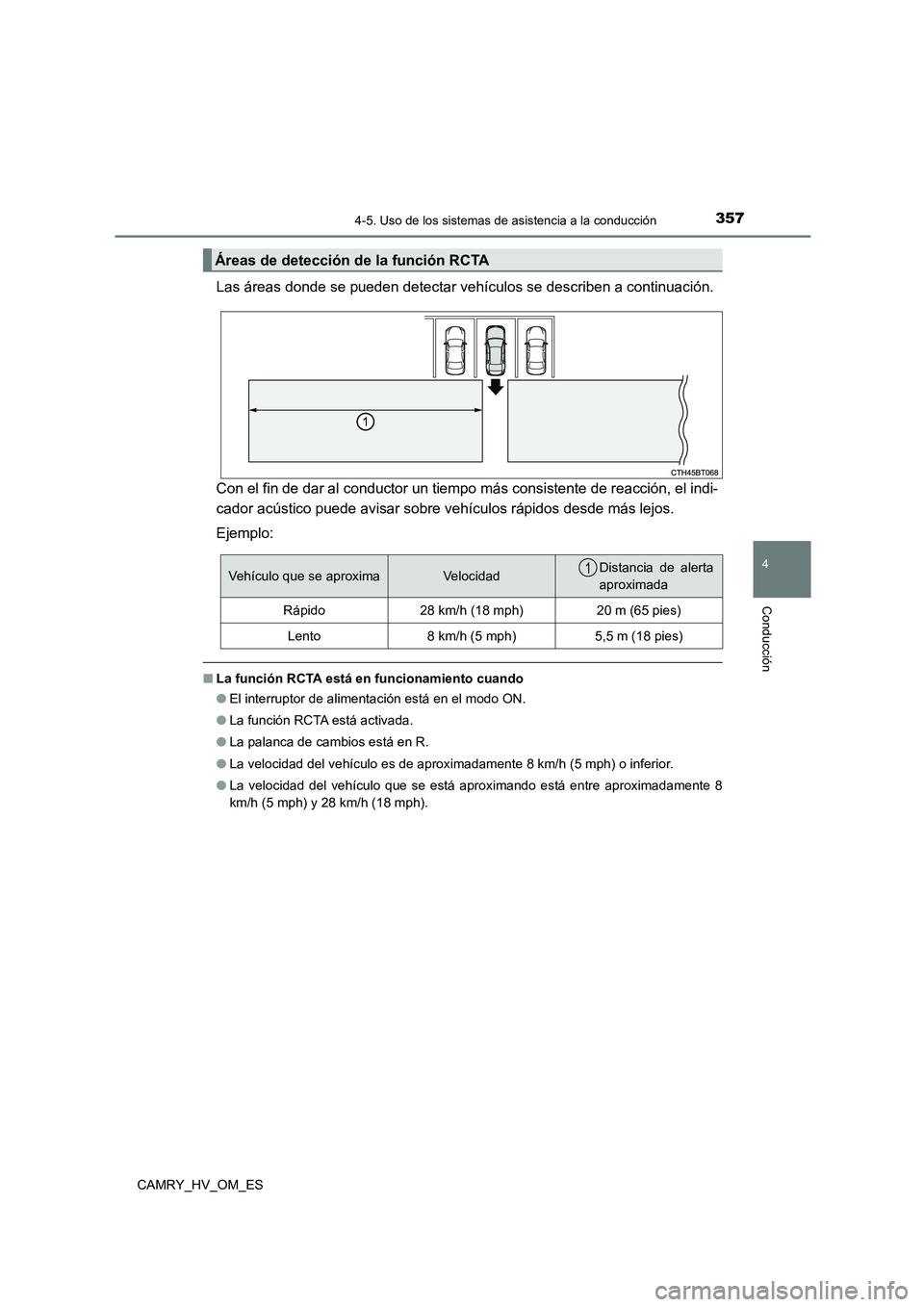 TOYOTA CAMRY 2023  Manual del propietario (in Spanish) 3574-5. Uso de los sistemas de asistencia a la conducción
4
Conducción
CAMRY_HV_OM_ES
Las áreas donde se pueden detectar vehículos se describen a continuación. 
Con el fin de dar al conductor un 