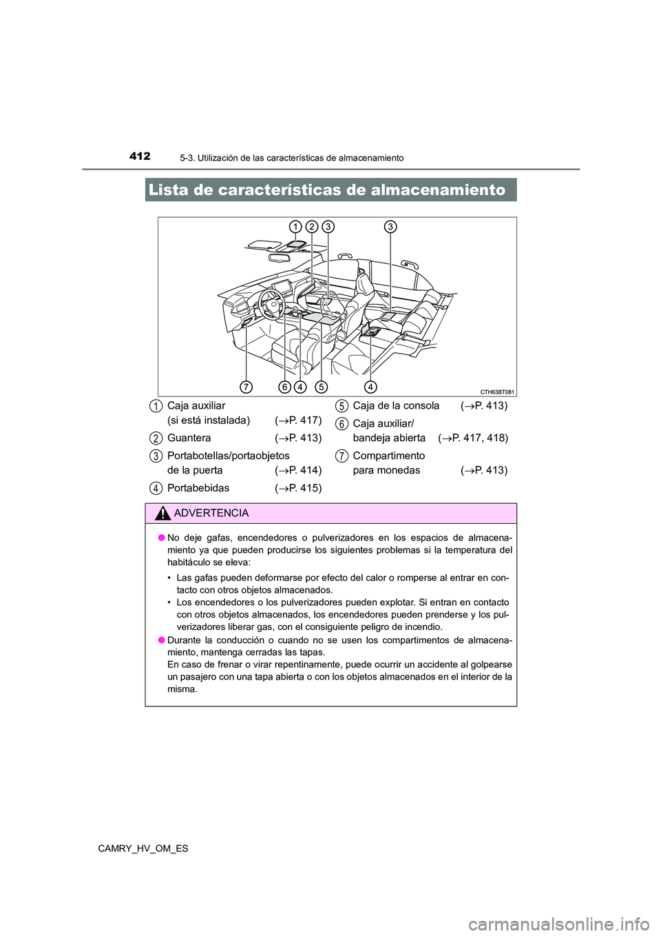 TOYOTA CAMRY 2023  Manual del propietario (in Spanish) 412
CAMRY_HV_OM_ES
5-3. Utilización de las características de almacenamiento
Lista de características de almacenamiento
Caja auxiliar  
(si está instalada) ( P. 417) 
Guantera ( P. 413) 
Por