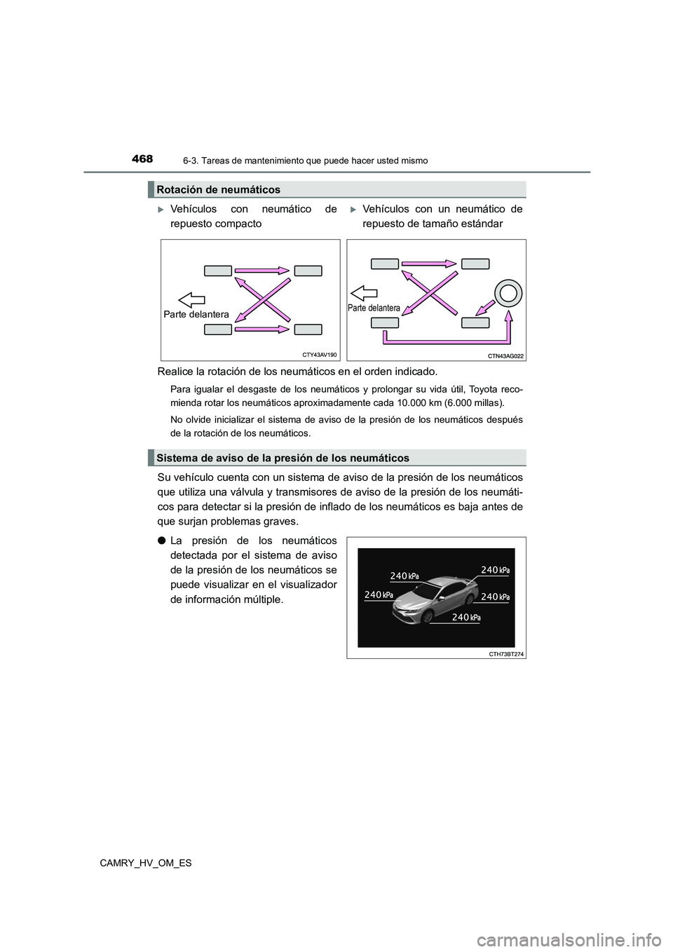 TOYOTA CAMRY 2023  Manual del propietario (in Spanish) 4686-3. Tareas de mantenimiento que puede hacer usted mismo
CAMRY_HV_OM_ES
Realice la rotación de los neumáticos en el orden indicado.
Para igualar el desgaste de los neumáticos y prolongar su vida