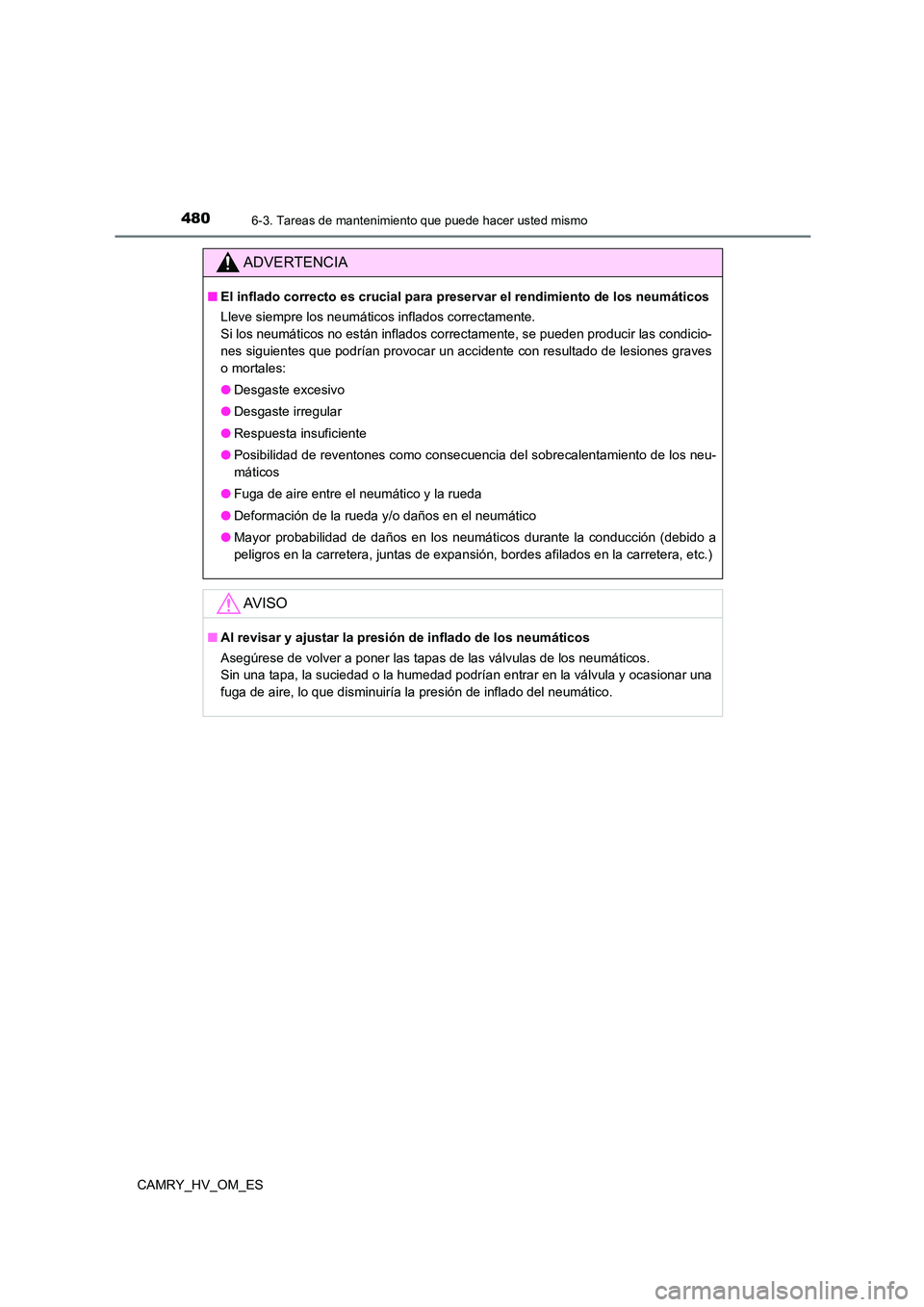 TOYOTA CAMRY 2023  Manual del propietario (in Spanish) 4806-3. Tareas de mantenimiento que puede hacer usted mismo
CAMRY_HV_OM_ES
ADVERTENCIA
■El inflado correcto es crucial para preservar el rendimiento de los neumáticos 
Lleve siempre los neumáticos