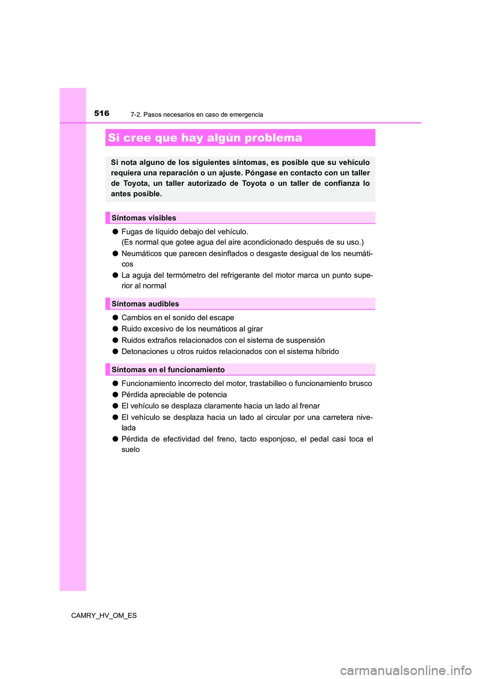 TOYOTA CAMRY 2023  Manual del propietario (in Spanish) 5167-2. Pasos necesarios en caso de emergencia
CAMRY_HV_OM_ES
●Fugas de líquido debajo del vehículo.  
(Es normal que gotee agua del aire acondicionado después de su uso.) 
● Neumáticos que pa