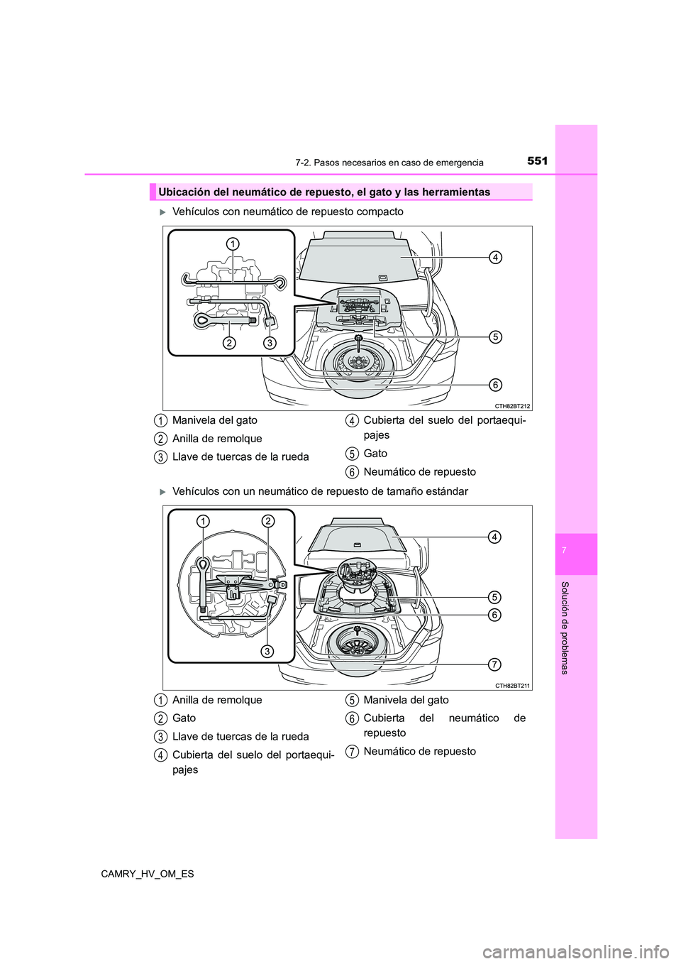 TOYOTA CAMRY 2023  Manual del propietario (in Spanish) 5517-2. Pasos necesarios en caso de emergencia
7
Solución de problemas
CAMRY_HV_OM_ES
Vehículos con neumático de repuesto compacto
Vehículos con un neumático de repuesto de tamaño estánda