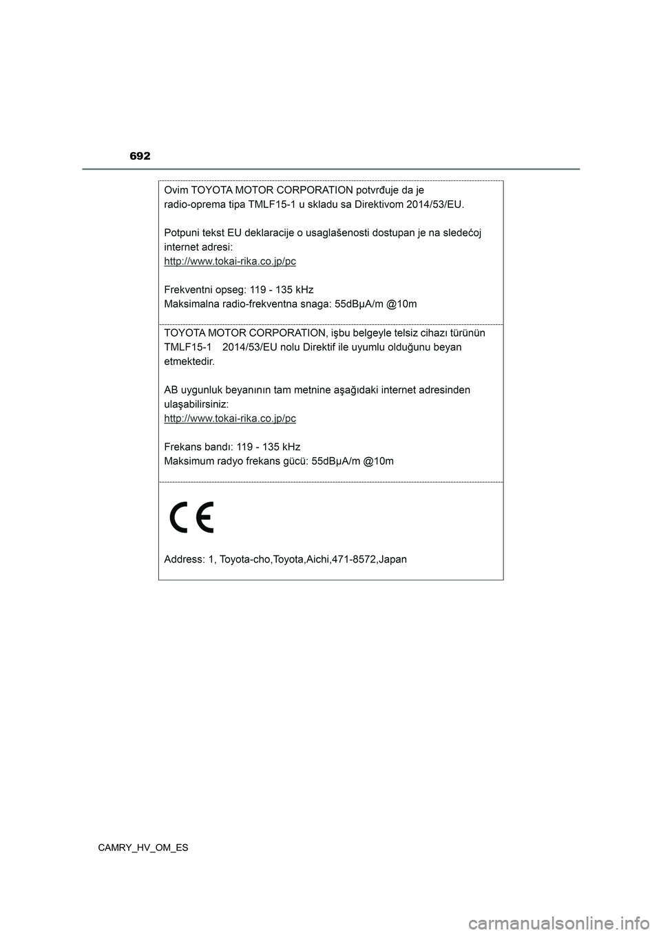 TOYOTA CAMRY 2023  Manual del propietario (in Spanish) 692
CAMRY_HV_OM_ES 