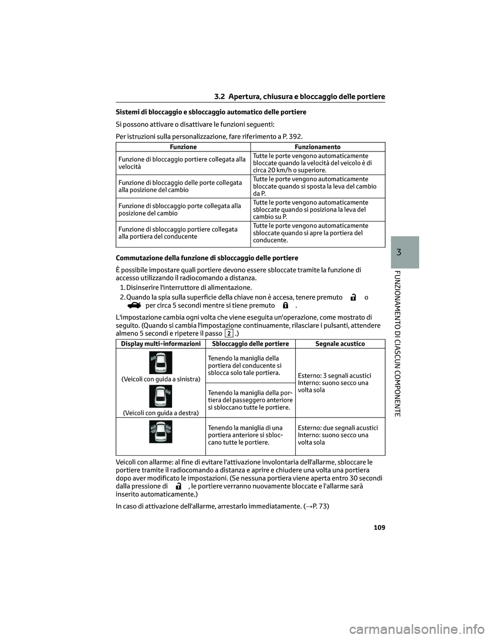 TOYOTA CAMRY 2023 Manuale duso (in Italian) Sistemi di bloccaggio e sbloccaggio automatico delle portiere
Si possono attivare o disattivare le funzioni seguenti:
Per istruzioni sulla personalizzazione, fare riferimento a P. 392.
Funzione Funzio TOYOTA CAMRY 2023 Manuale duso (in Italian) Sistemi di bloccaggio e sbloccaggio automatico delle portiere
Si possono attivare o disattivare le funzioni seguenti:
Per istruzioni sulla personalizzazione, fare riferimento a P. 392.
Funzione Funzio