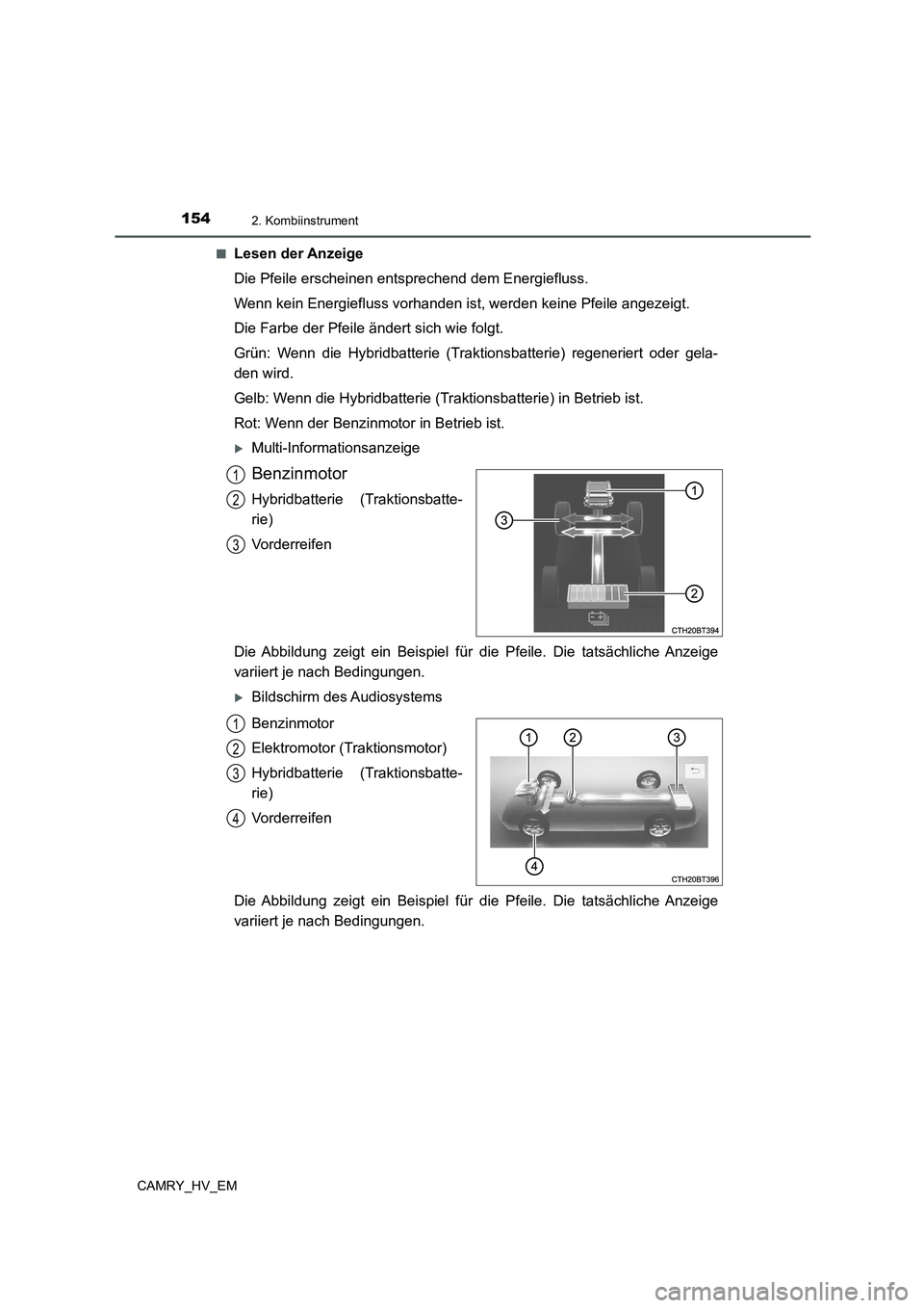 TOYOTA CAMRY 2022  Betriebsanleitungen (in German) 1542. Kombiinstrument
CAMRY_HV_EM■
Lesen der Anzeige
Die Pfeile erscheinen entsprechend dem Energiefluss.
Wenn kein Energiefluss vorhanden ist, werden keine Pfeile angezeigt.
Die Farbe der Pfeile ä