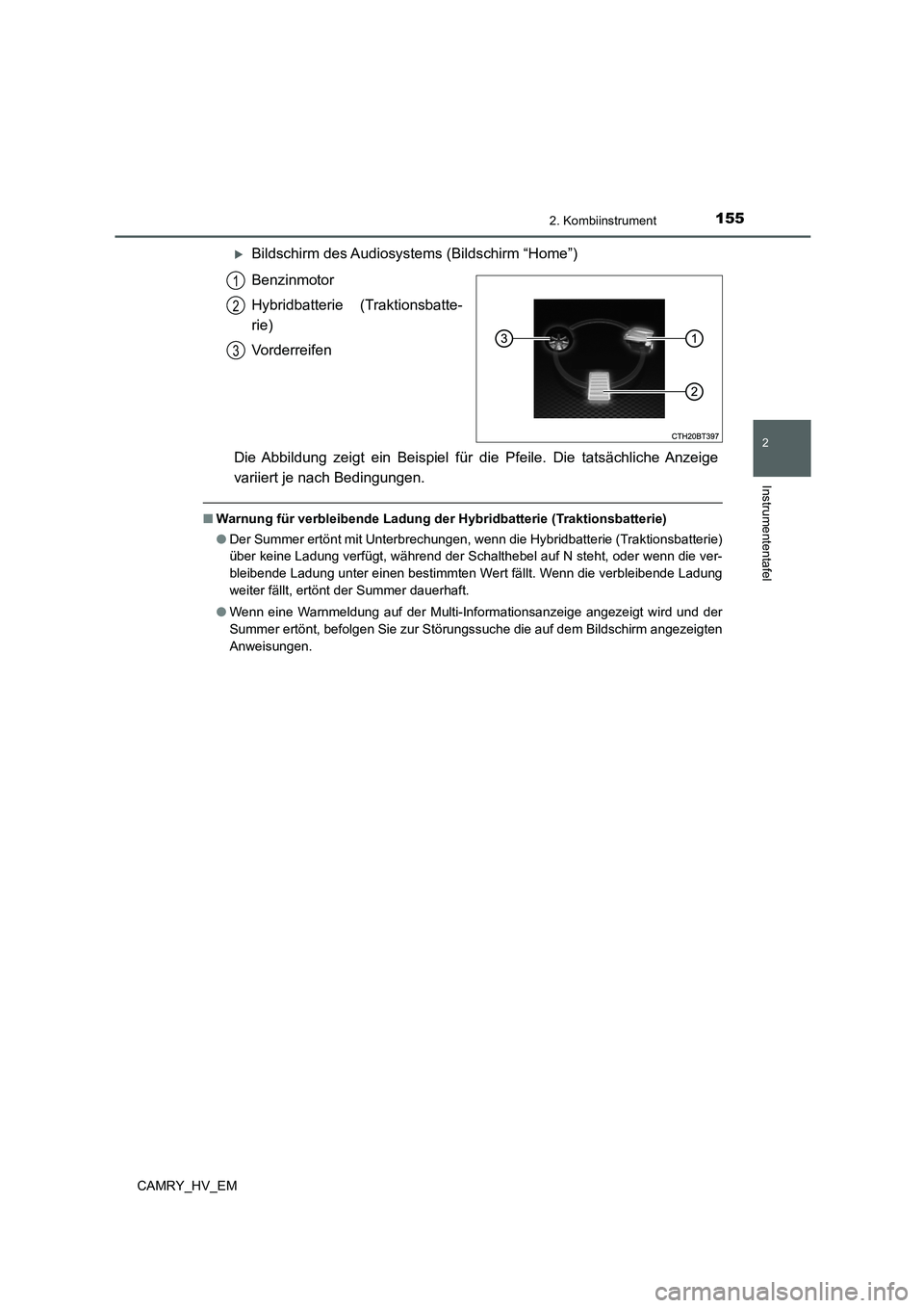 TOYOTA CAMRY 2022  Betriebsanleitungen (in German) 1552. Kombiinstrument
2
Instrumententafel
CAMRY_HV_EM
Bildschirm des Audiosystems (Bildschirm “Home”)
Benzinmotor
Hybridbatterie (Traktionsbatte-
rie)
Vorderreifen
Die Abbildung zeigt ein Beisp