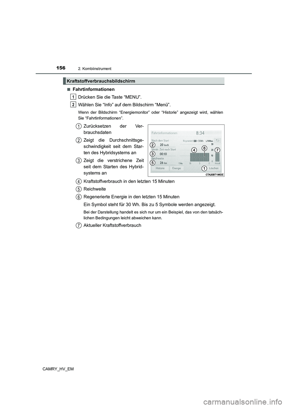 TOYOTA CAMRY 2022  Betriebsanleitungen (in German) 1562. Kombiinstrument
CAMRY_HV_EM■
Fahrtinformationen
Drücken Sie die Taste “MENU”.
Wählen Sie “Info” auf dem Bildschirm “Menü”.
Wenn der Bildschirm “Energiemonitor” oder “Histo