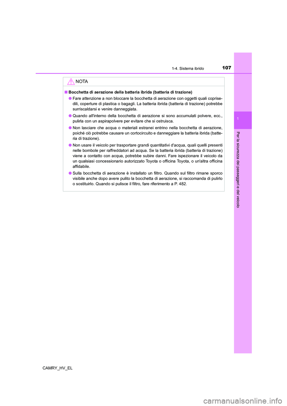 TOYOTA CAMRY 2022 Manuale duso (in Italian) 1071-4. Sistema ibrido
1
Per la sicurezza dei passeggeri e del veicolo
CAMRY_HV_EL
NOTA
■Bocchetta di aerazione della batteria ibrida (batteria di trazione)
●Fare attenzione a non bloccare la bocc TOYOTA CAMRY 2022 Manuale duso (in Italian) 1071-4. Sistema ibrido
1
Per la sicurezza dei passeggeri e del veicolo
CAMRY_HV_EL
NOTA
■Bocchetta di aerazione della batteria ibrida (batteria di trazione)
●Fare attenzione a non bloccare la bocc