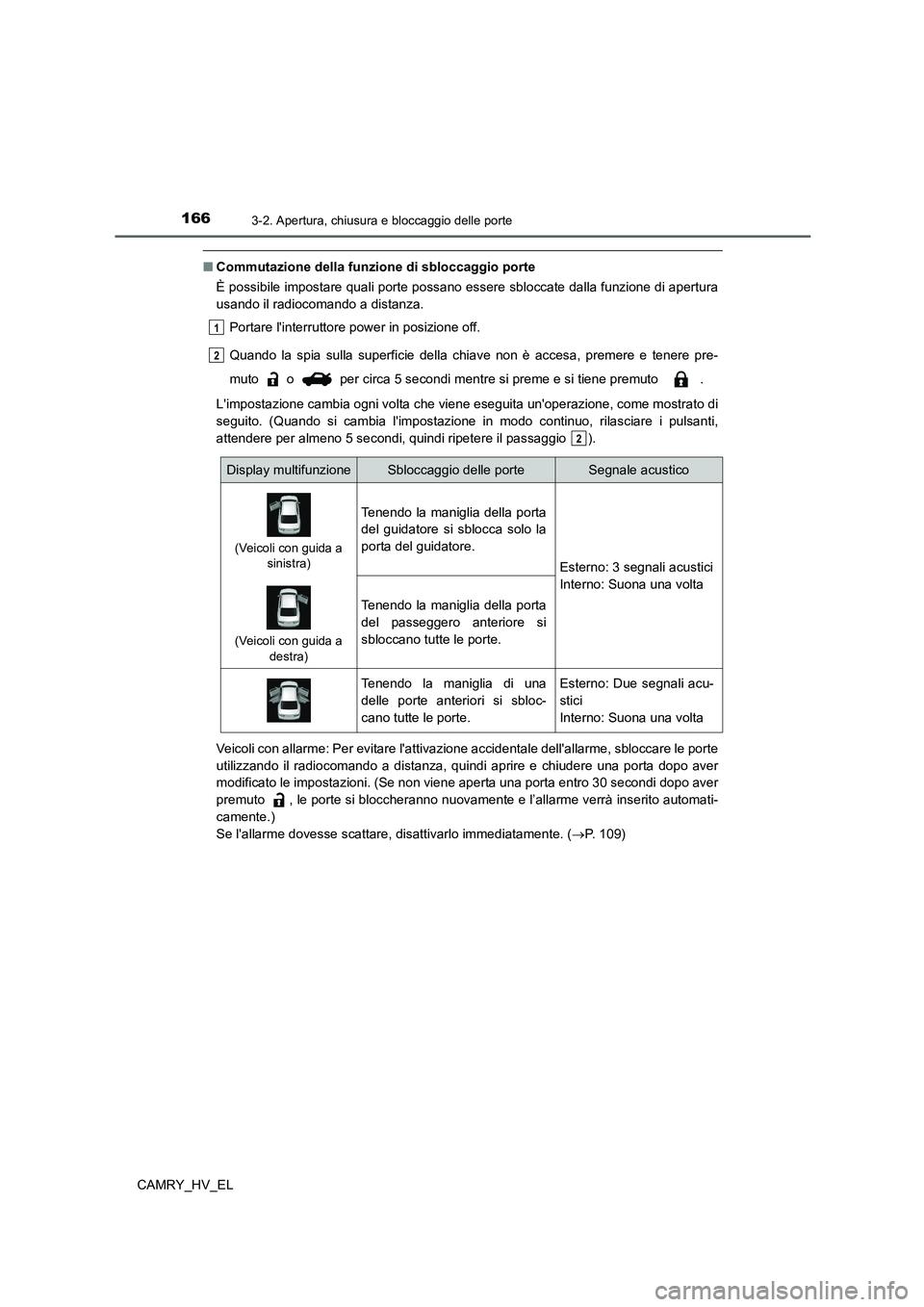 TOYOTA CAMRY 2022 Manuale duso (in Italian) 1663-2. Apertura, chiusura e bloccaggio delle porte
CAMRY_HV_EL
■Commutazione della funzione di sbloccaggio porte
È possibile impostare quali porte possano essere sbloccate dalla funzione di apertu TOYOTA CAMRY 2022 Manuale duso (in Italian) 1663-2. Apertura, chiusura e bloccaggio delle porte
CAMRY_HV_EL
■Commutazione della funzione di sbloccaggio porte
È possibile impostare quali porte possano essere sbloccate dalla funzione di apertu