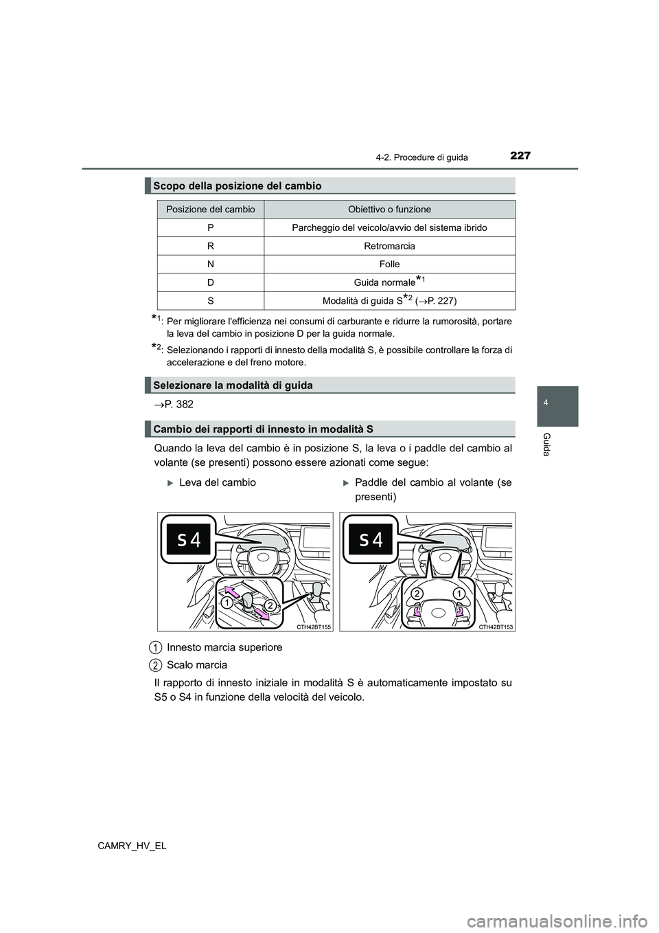 TOYOTA CAMRY 2022  Manuale duso (in Italian) 2274-2. Procedure di guida
4
Guida
CAMRY_HV_EL
*1: Per migliorare lefficienza nei consumi di carburante e ridurre la rumorosità, portare
la leva del cambio in posizione D per la guida normale.
*2: S