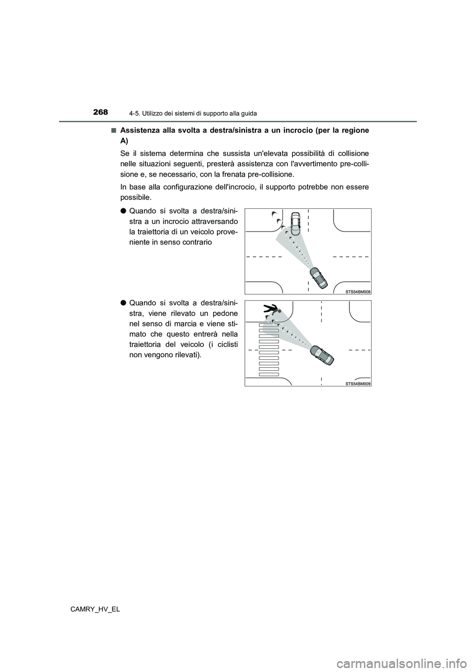 TOYOTA CAMRY 2022  Manuale duso (in Italian) 2684-5. Utilizzo dei sistemi di supporto alla guida
CAMRY_HV_EL■
Assistenza alla svolta a destra/sinistra a un incrocio (per la regione
A)
Se il sistema determina che sussista unelevata possibilit