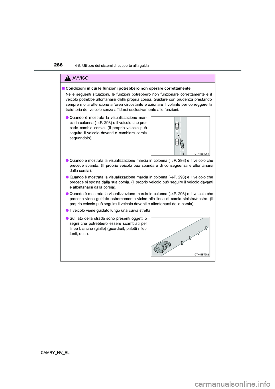 TOYOTA CAMRY 2022 Manuale duso (in Italian) 2864-5. Utilizzo dei sistemi di supporto alla guida
CAMRY_HV_EL
AV V I S O
■Condizioni in cui le funzioni potrebbero non operare correttamente
Nelle seguenti situazioni, le funzioni potrebbero non f TOYOTA CAMRY 2022 Manuale duso (in Italian) 2864-5. Utilizzo dei sistemi di supporto alla guida
CAMRY_HV_EL
AV V I S O
■Condizioni in cui le funzioni potrebbero non operare correttamente
Nelle seguenti situazioni, le funzioni potrebbero non f
